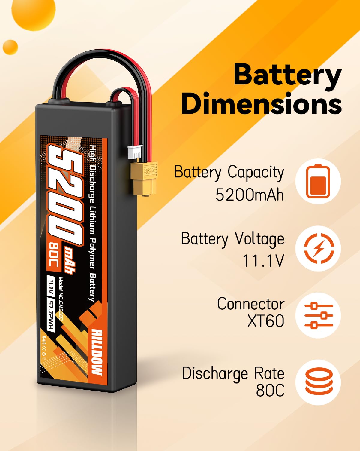 Hilldow 5200mAh 11,1V LiPo-Akku 3S 80C 11,1V RC-Akku mit Hartschale und XT60-Stecker für RC-Fahrzeuge Autos und -LKWs (2 Packungen)
