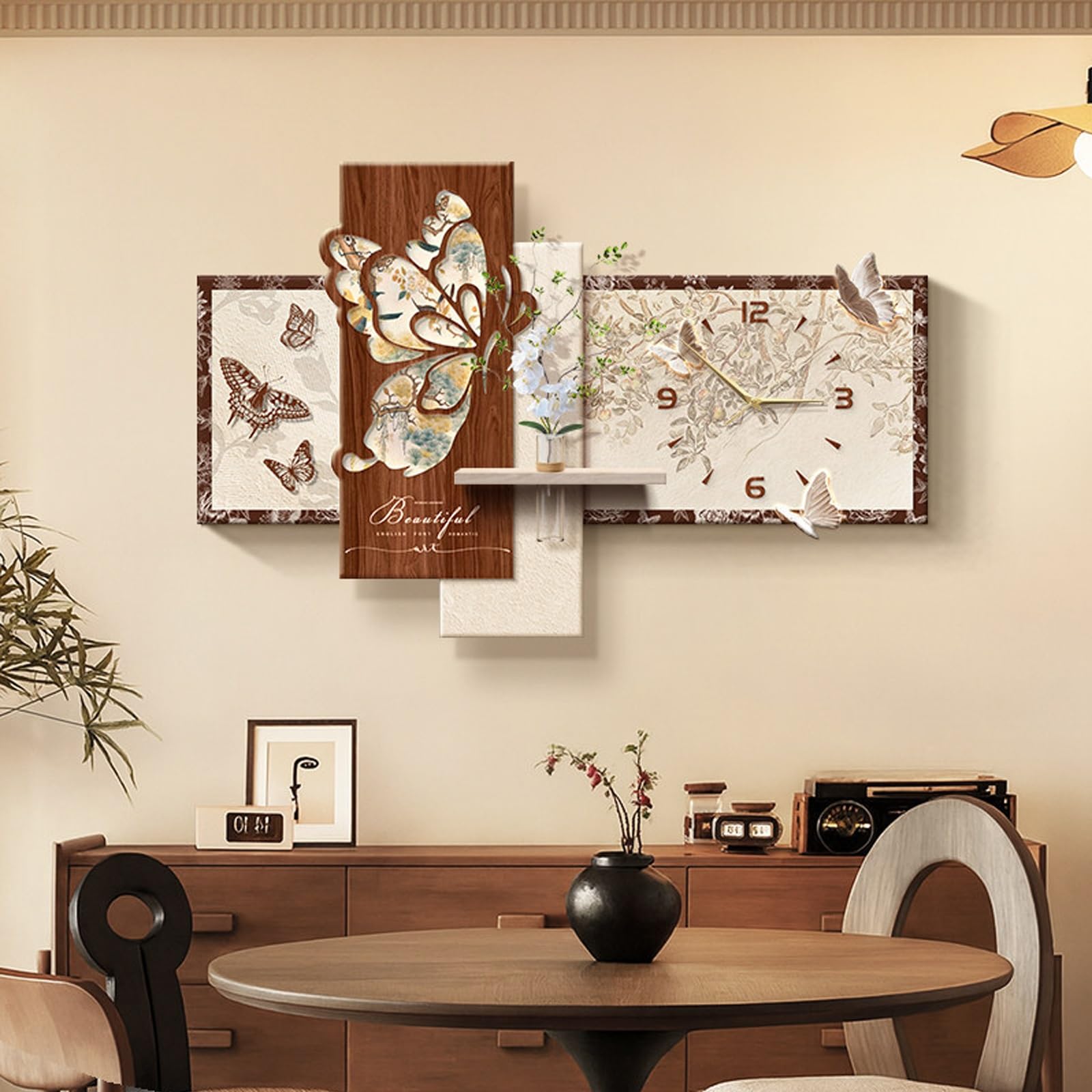 Scumlovy Entryway Beautiful Butterfly Decorative Wall Clocks,3D Creative Sandstone Clock with Glass Vase,Silent Non Ticking,for Living Room Bedroom Dining Room(Brown,80 * 55cm)
