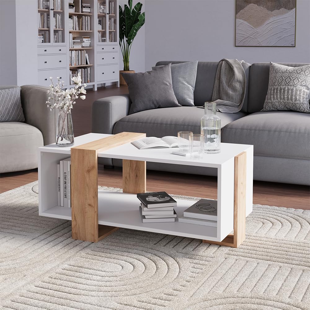 Vicco Couchtisch Aven, Weiß/Goldkraft Eiche, 91.5 x 52 cm | mit zusätzlicher Ablagefläche für Bücher und Zeitschriften