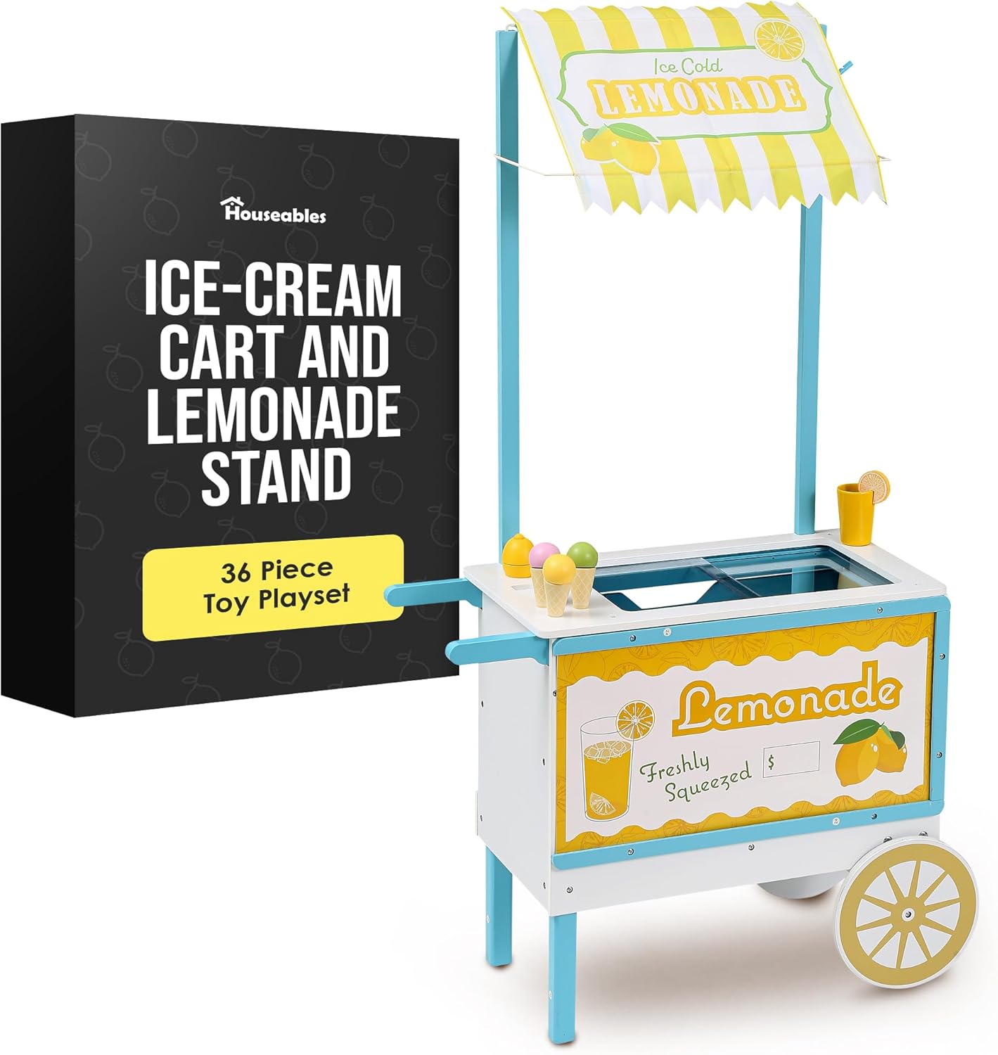 Houseables Lemonade Stand for Kids, Lemonade Stand, Ice Cream Cart, Ice Cream Shop, Toy Icecream Cart, Pretend Play Set, Play Store, Shop, Parlor, Push, Truck, for Toddlers, Wooden, 2 in 1, 36 Piece