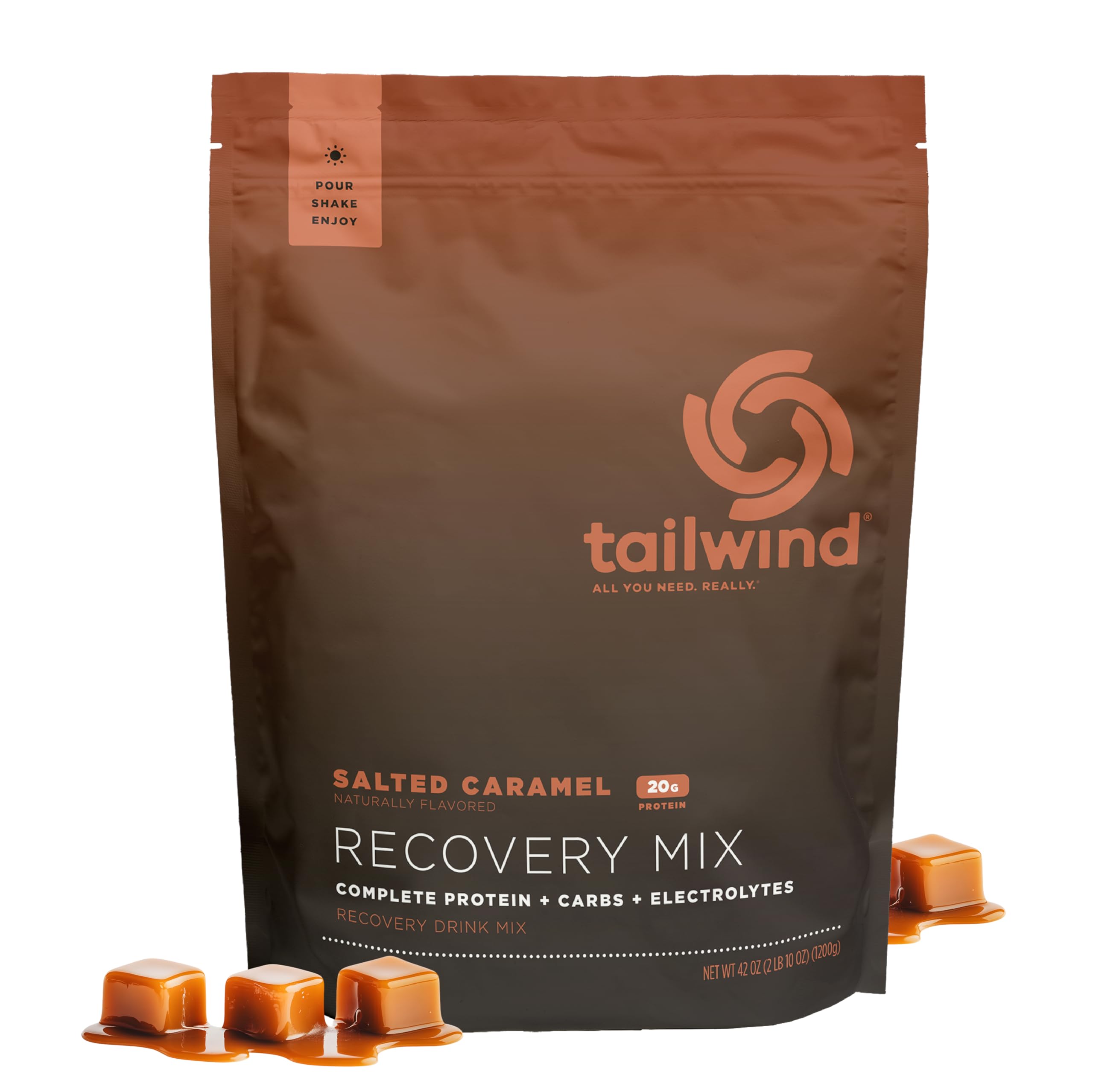 Mezcla de recuperación Tailwind Nutrition, 20 g de proteína completa, carbohidratos y electrolitos, bebida en polvo para después del entrenamiento, sin gluten, soja ni lácteos, vegana, 20 porciones, caramelo salado