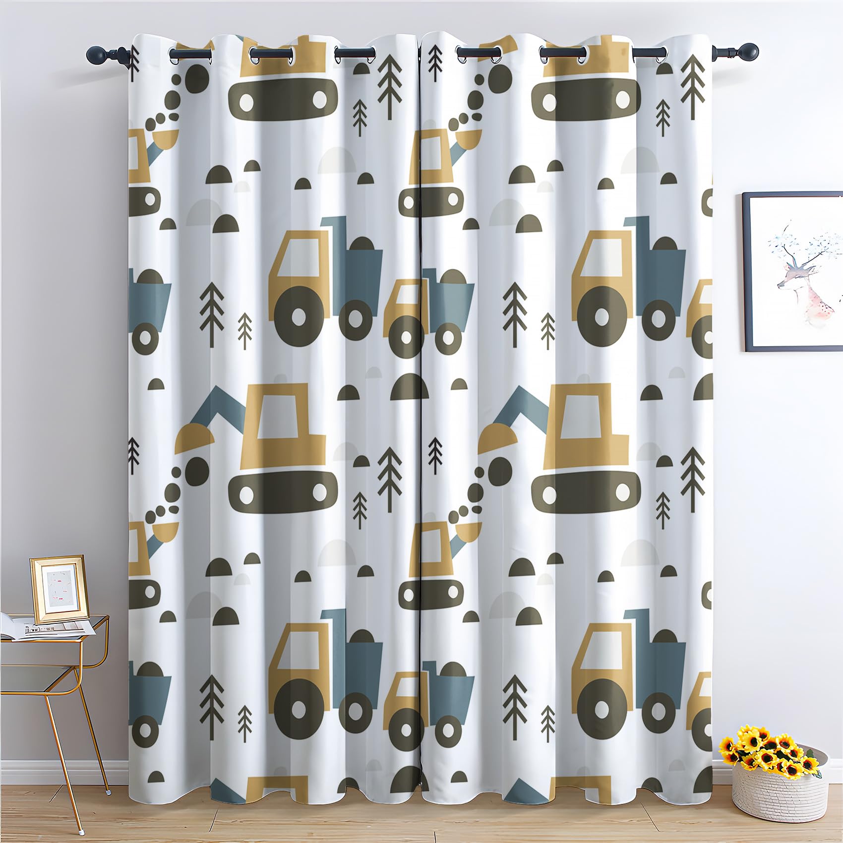 SZLYZM Construction Vehicle Blackout Curtains, Digger Bedroom Curtains & Living Room Curtains 90x90 Inch 2 Panels Set, Thermal Eyelet Drapes Decorative Patterned Window Treatments 90 Drop (Gr-&264)