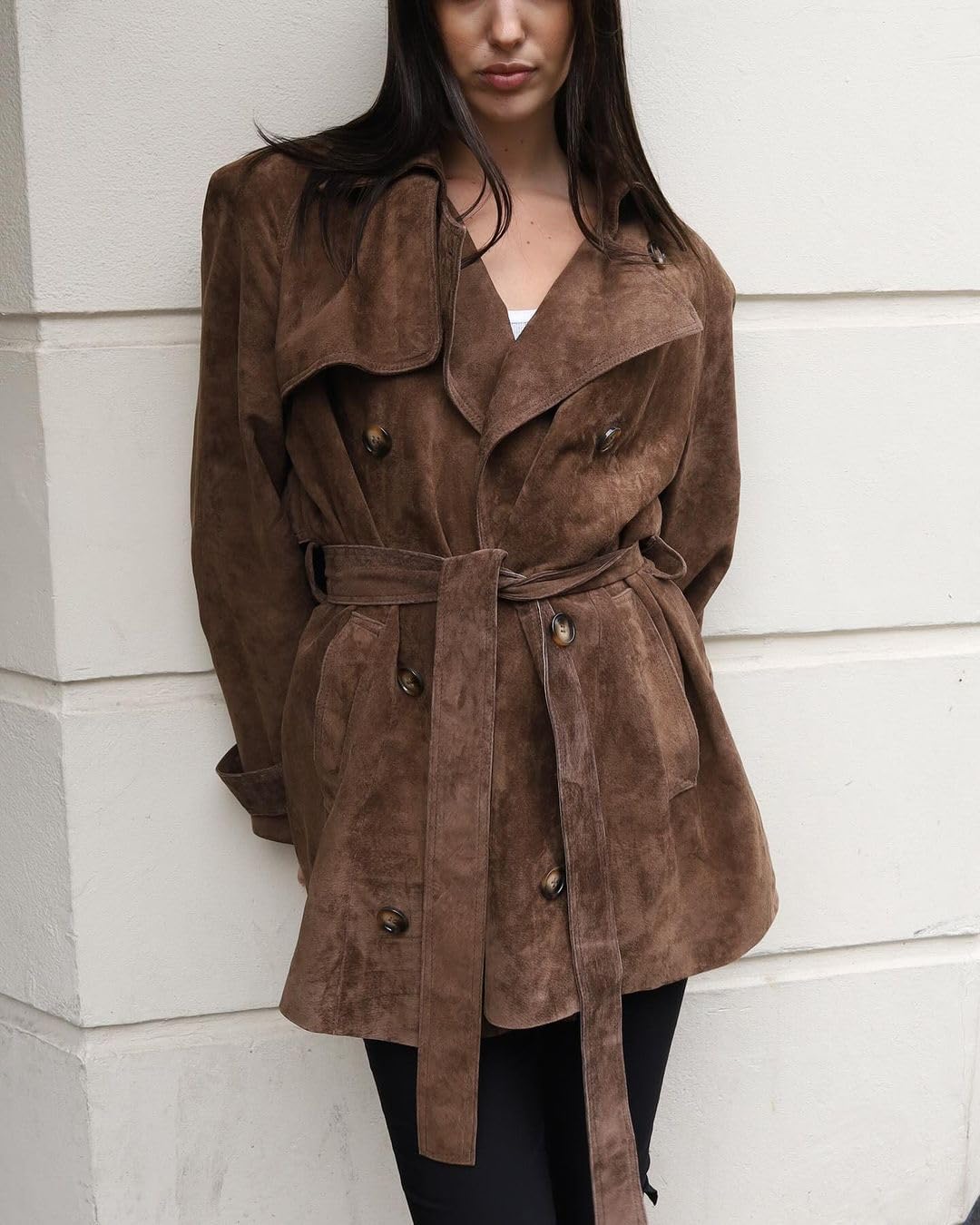 VOIKERDR Brown Jacket for Women Trendy Faux Suede Jacket with Belt Winter Coat Outwear - Image 2