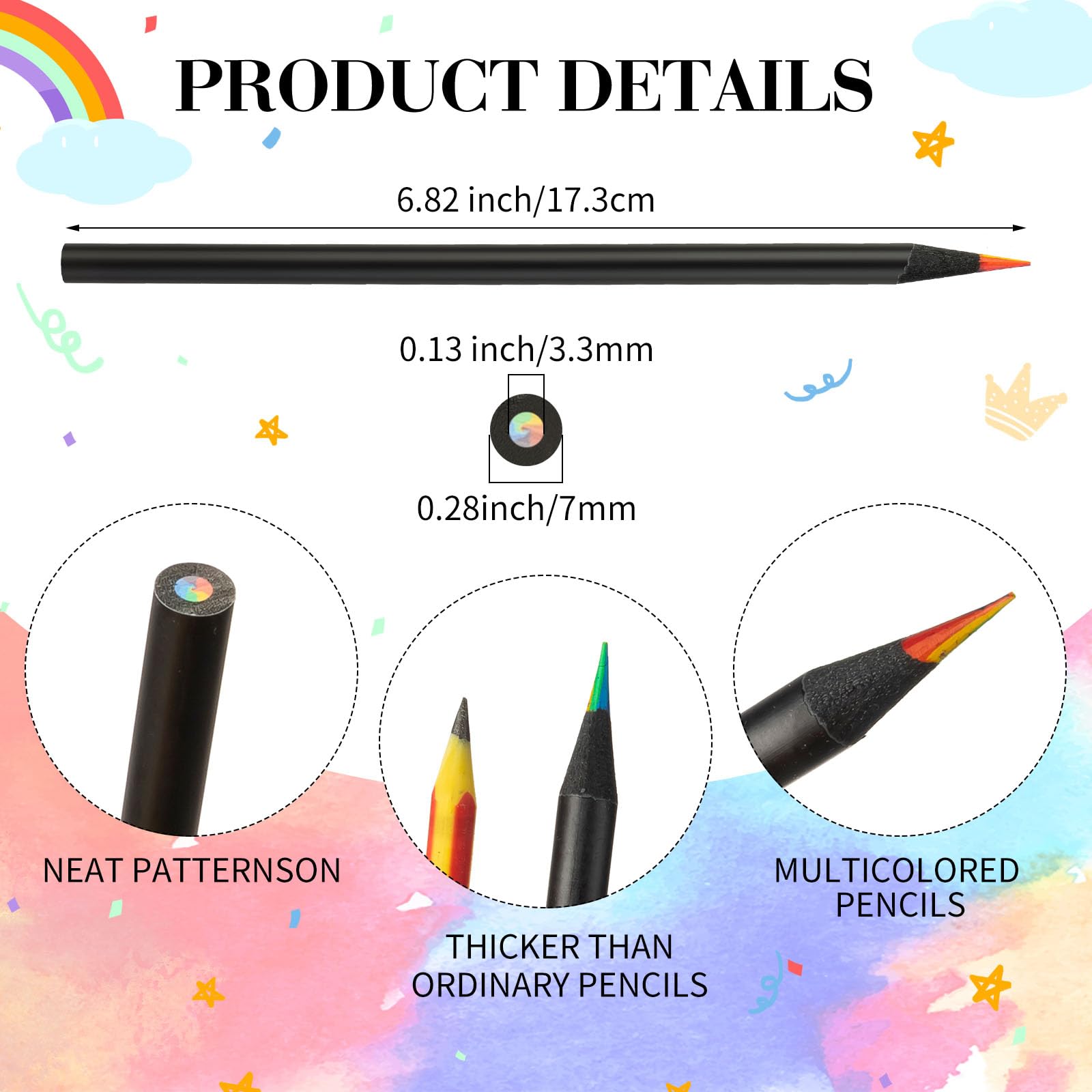 Teling Regenbogen-Bleistifte für Kinder, 7-in-1, schwarze Regenbogen-Bleistifte, Großpackung für Schule, Klassenzimmer, Kunstbedarf für Kinder und Erwachsene, Malen, Skizzieren, Zeichnen, 200 Stück