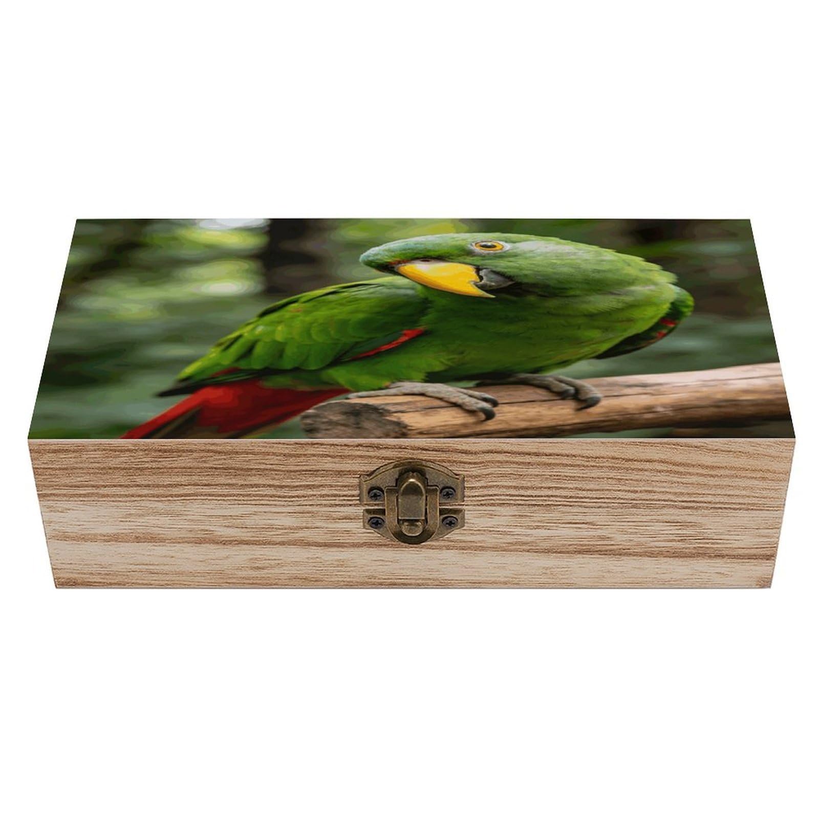 LZQPOEAS Green Feathers Fixed Their Gaze Wooden Keepsake Box Wooden Storage Box Container with Hinged Lid Beautiful Wood Memory Box Decorative Jewelry Case for Crafts Art Hobbies & Trinket Storage