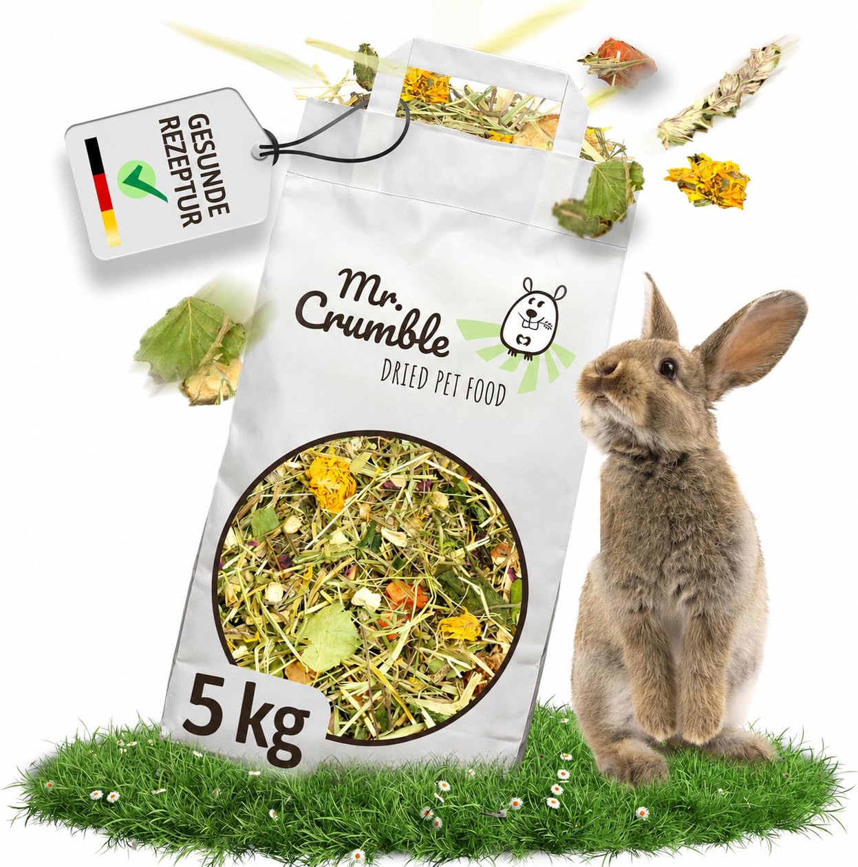 Mr. Crumble Hoppel Mix Kaninchenfutter 5 kg – Kaninchen Hauptfutter für Zwergkaninchen – ohne Pellets, mit Gräsern, Kräutern, Gemüse & Wurzeln – hoher Rohfaseranteil für Verdauung & Zahnabrieb