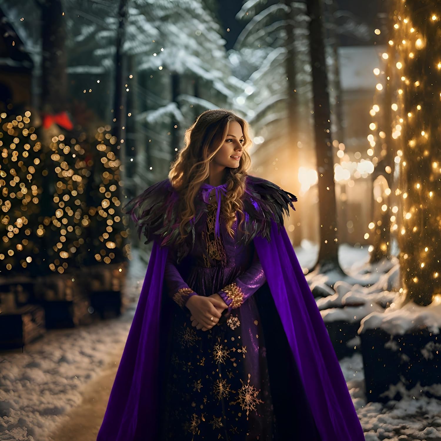 Unisex Solid Color Velvet Adult Cape with Real Natural Gothic Feather Cloak - Image 4