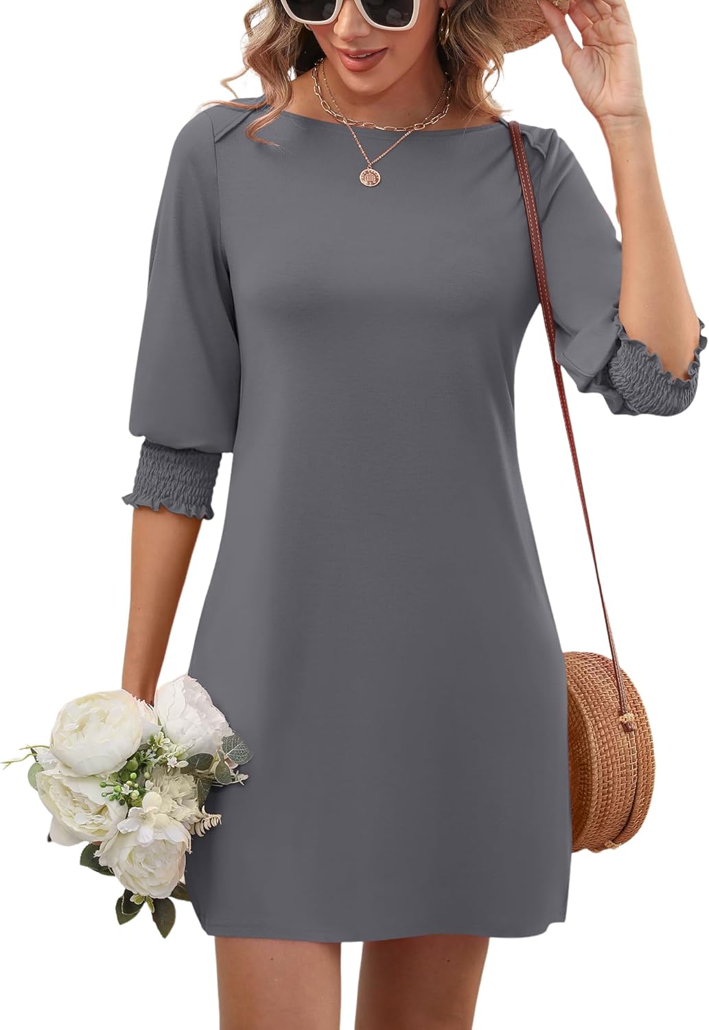 LUYAA Dress for Women Petite Dresses Semi Formal 3/4 Sleeve Crewneck Women's Wear to Work Loose Mini Tunic Dress for Womens 2025 Sundress with Sleeves L Grey