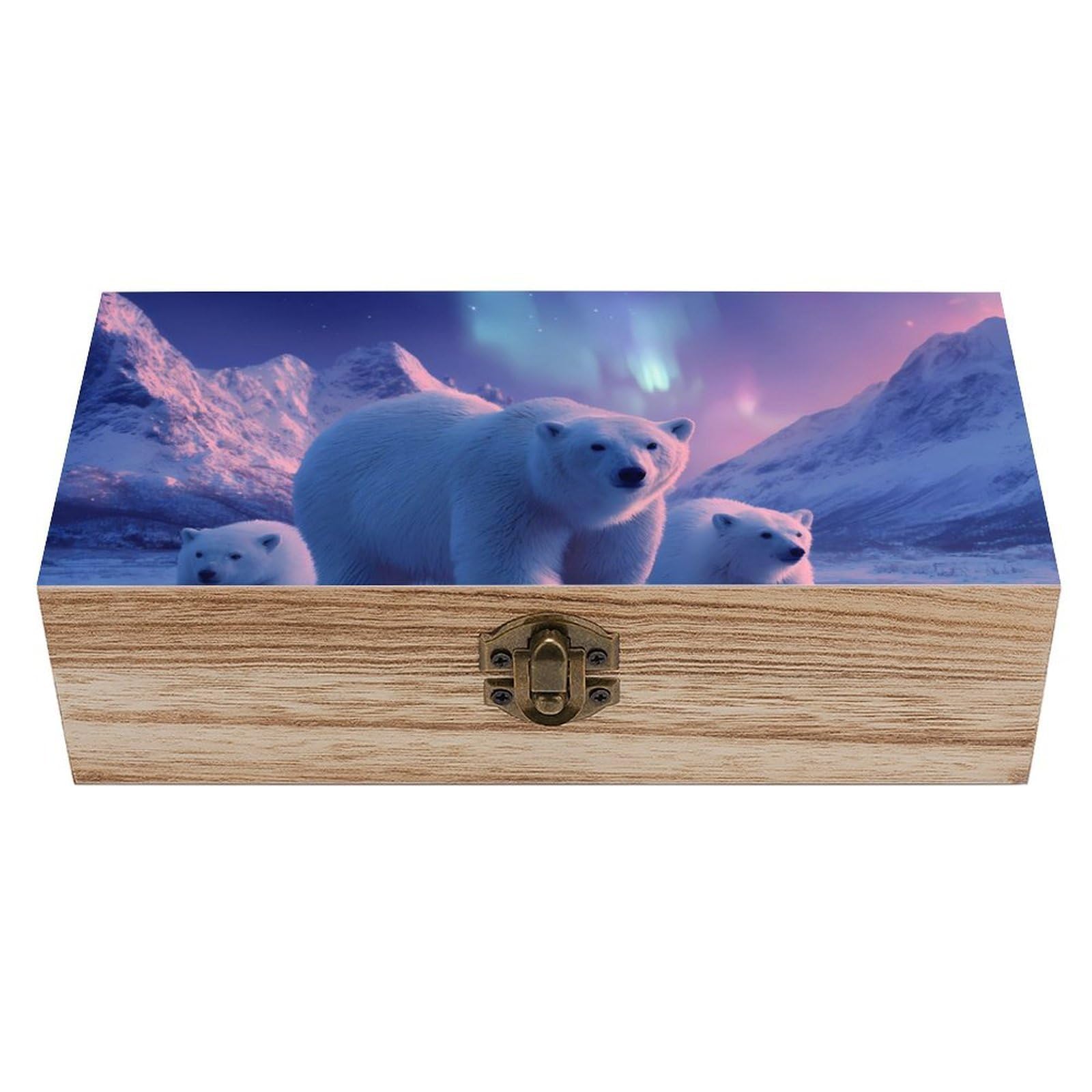 HLBSDM White Bear Aurora Borealis Wooden Box with Hinged Lid Decorative Storage Case Container