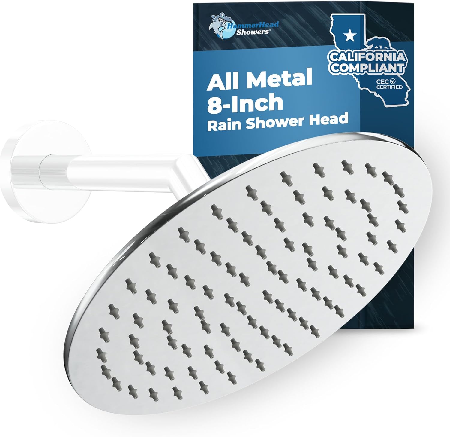 HammerHead Showers Solid Metal 8 Inch Rainfall Shower Head  CHROME - Shower Head Rainfall - 1.75 GPM High Flow Shower Head Optimized for Pressure  Large Round Rain Shower Heads