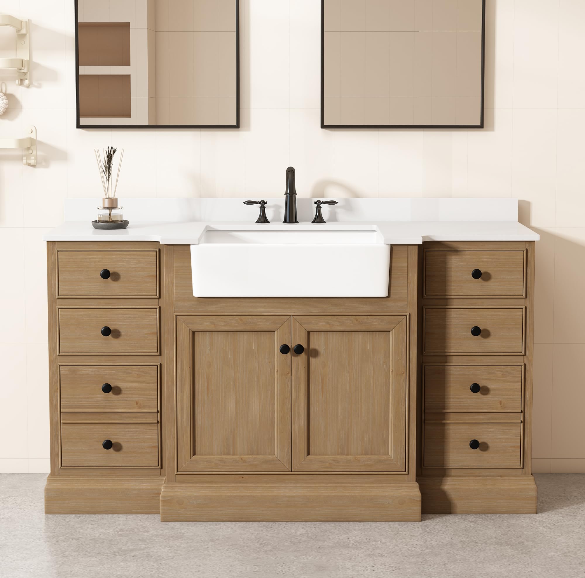 60" Bathroom Vanity with Sink Set, Vintage Single Bath Vanity with Engineered Top, Wooden Cabinet with Farmhouse White Ceramic Sink, Soft Closing -