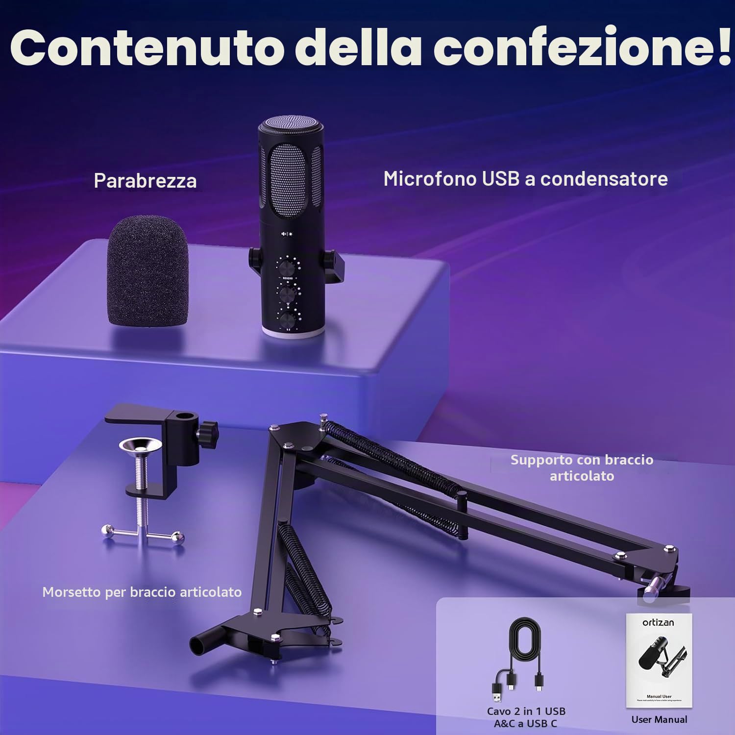 Ortizan Microfono da gioco USB, microfoni a condensatore per PC, PS4/5 e Mac, microfono podcast con cancellazione del rumore con muto, riverbero, monitoraggio, braccio regolabile, filtro per streaming