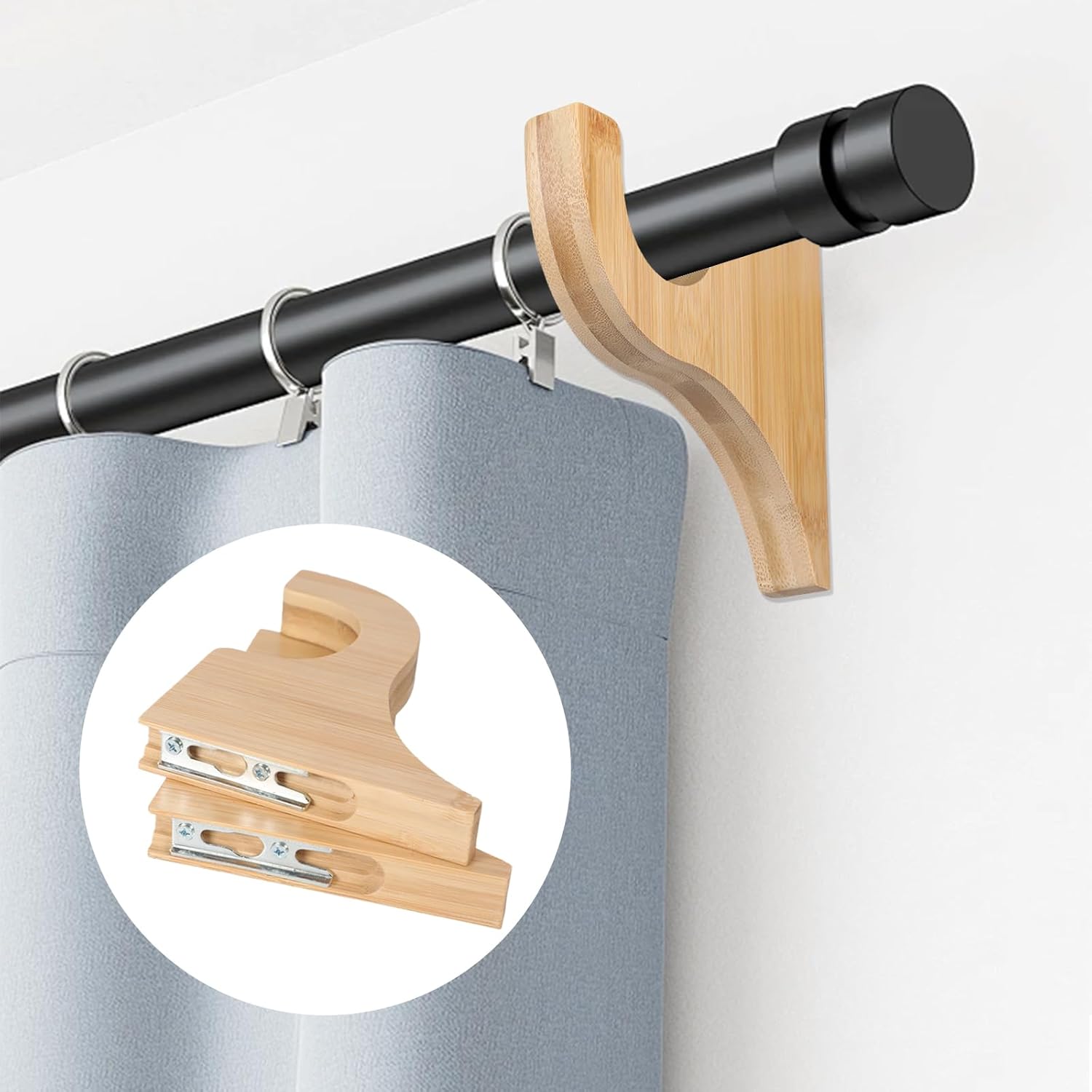 2Pcs Wooden Curtain Rod Brackets, Multipurpose Curtain Rod Bracket, Suitable for 2-inch Diameter Rods with 3 1/2 inch Returns, for Bathroom Bedroom Livingroom Kitchen (4Pcs-Wood)