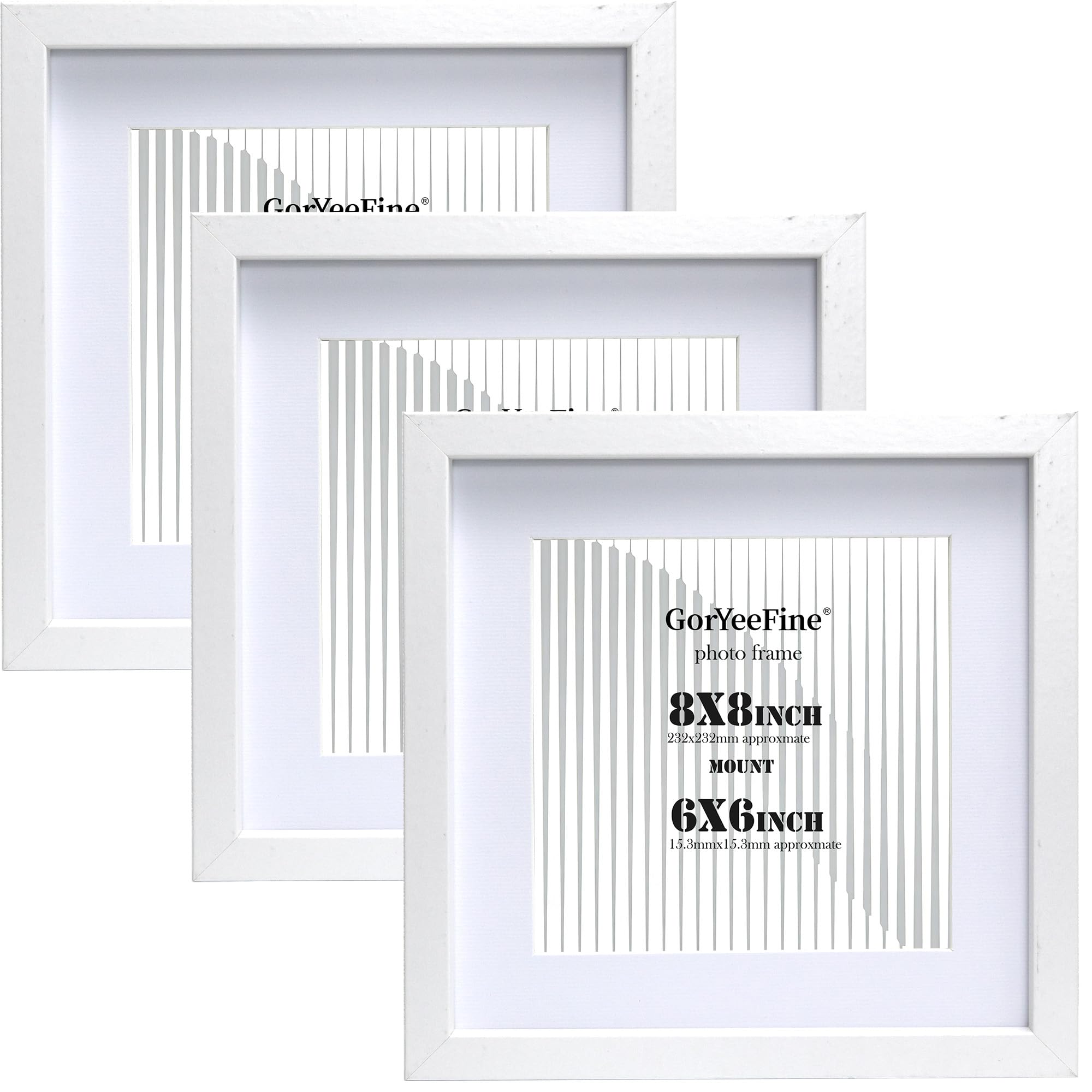 White 8x8'' Square Wood Photo Frame Set of 3 with Acrylic Glass Front,20x20cm Picture Frames with Acid Free 6x6'' Mount for Wall Mount &Tabletop Display,Ideal for Home Gallery Decor & Gifts