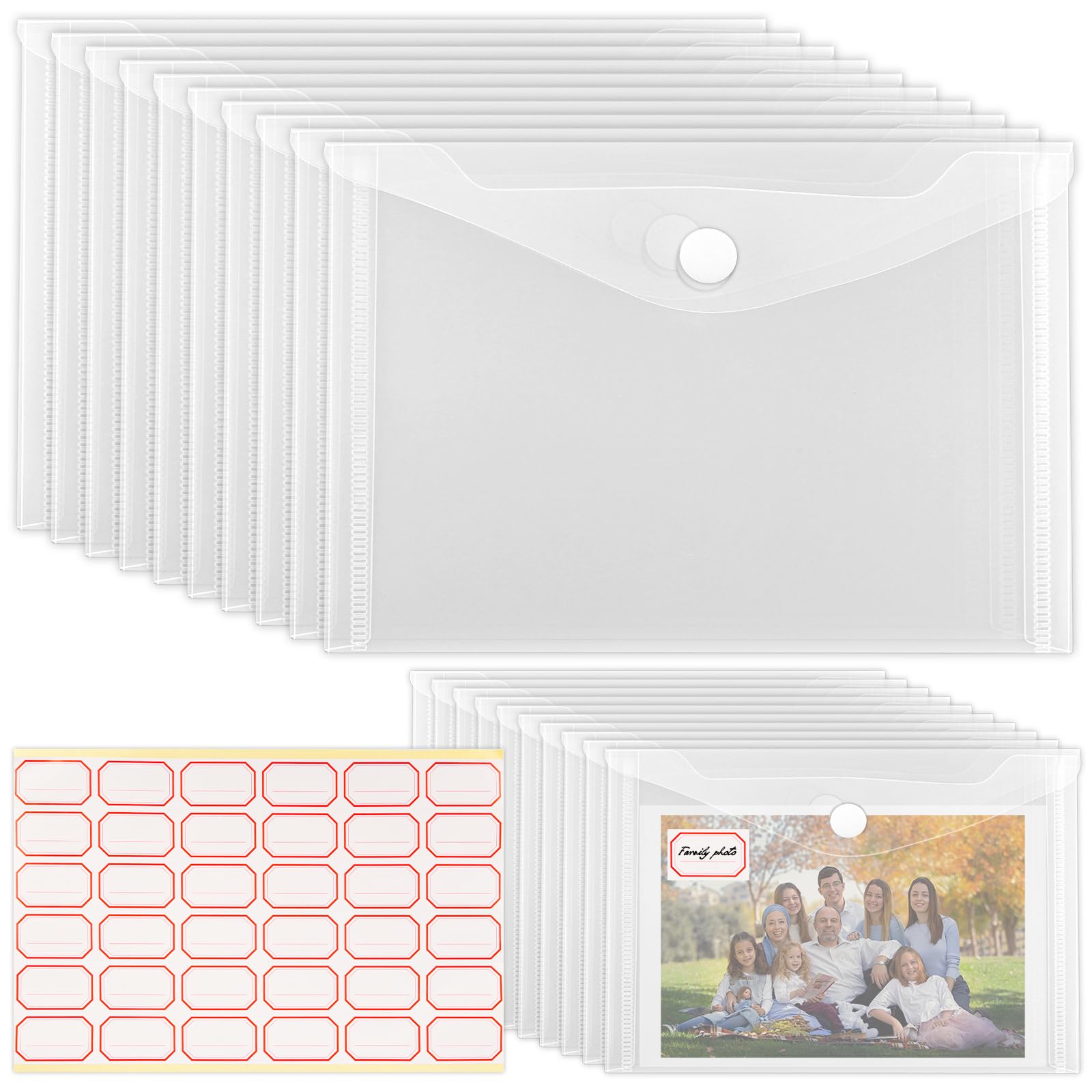 30 bolsas de plástico transparente tamaño A4, 16 x 11,5 cm, impermeables, con bolsillo para etiqueta y botón a presión, para el hogar, la oficina y la escuela