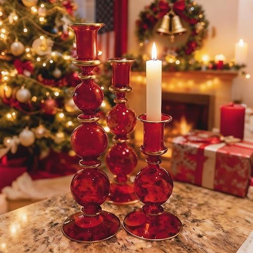 Patelai Juego de 3 portavelas de cristal rojo, transparente, 3 tamaños, candelabros cónicos rojos con forma esférica, soporte para velas de mesa de
