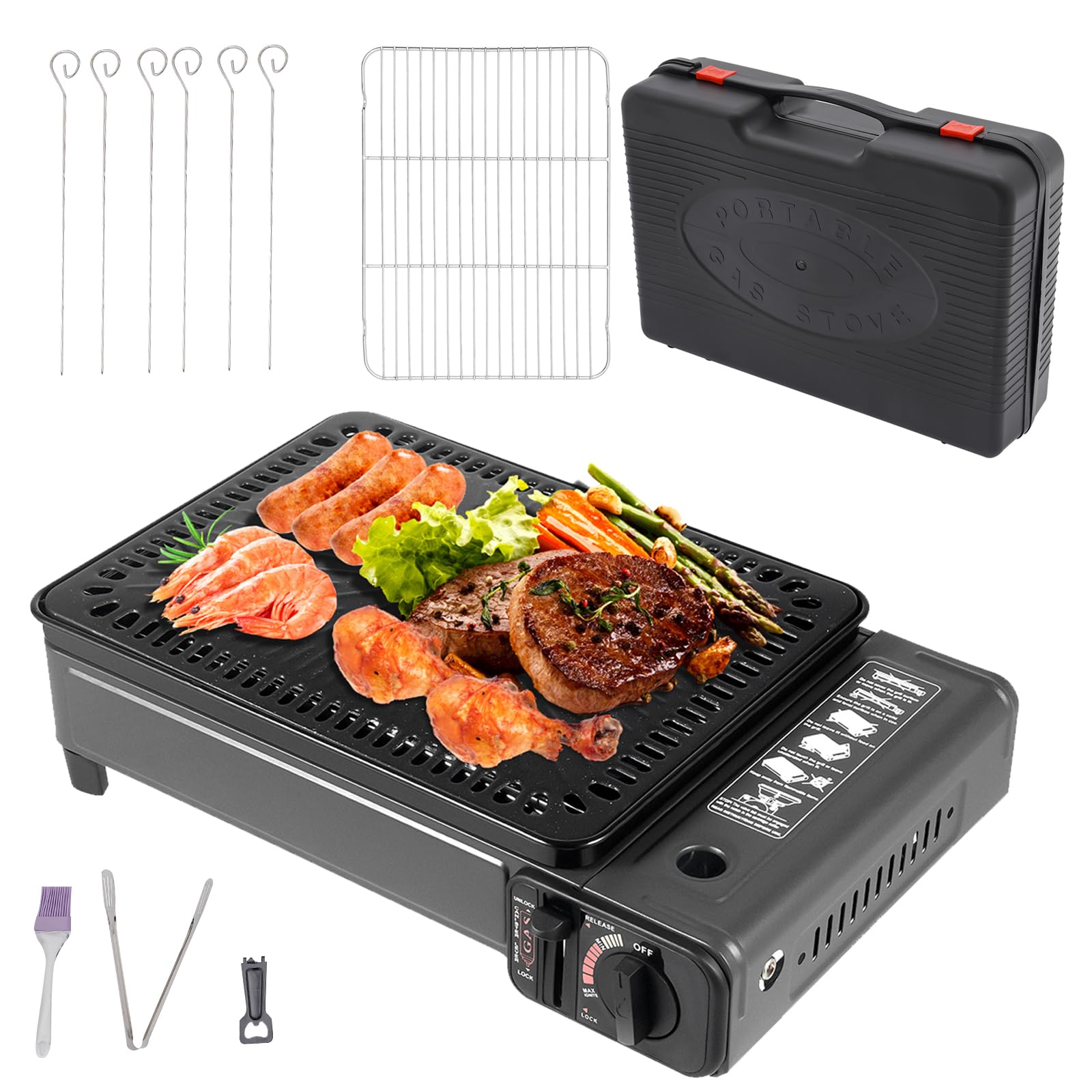 Grill gazowy 2 w 1 i kuchenka kempingowa z rusztem do grillowania i blachą do pieczenia, przenośny grill stołowy z pudełkiem do przechowywania, wyposażony w zabezpieczenie przed przepięciem, przenośna