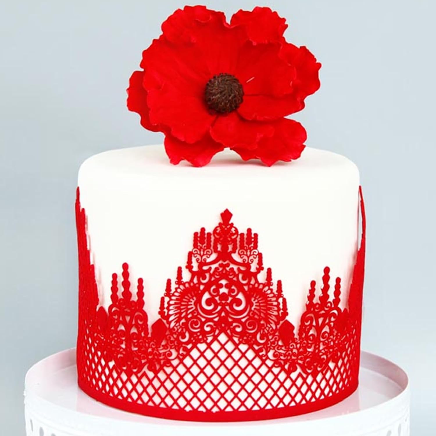 Large Pre-Made Ready to Use Edible Cake Lace Lattice Diamond Scallop Red 12-inch 10-Piece Set