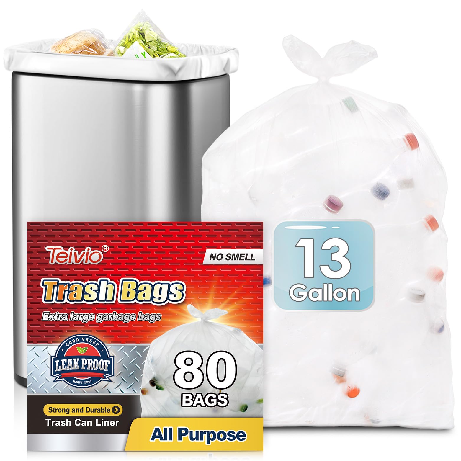 13 Gallon 80 Counts Strong Trash Bags Garbage Bags by Teivio, Bin Liners, Plastic Bags for home office kitchen, Clear