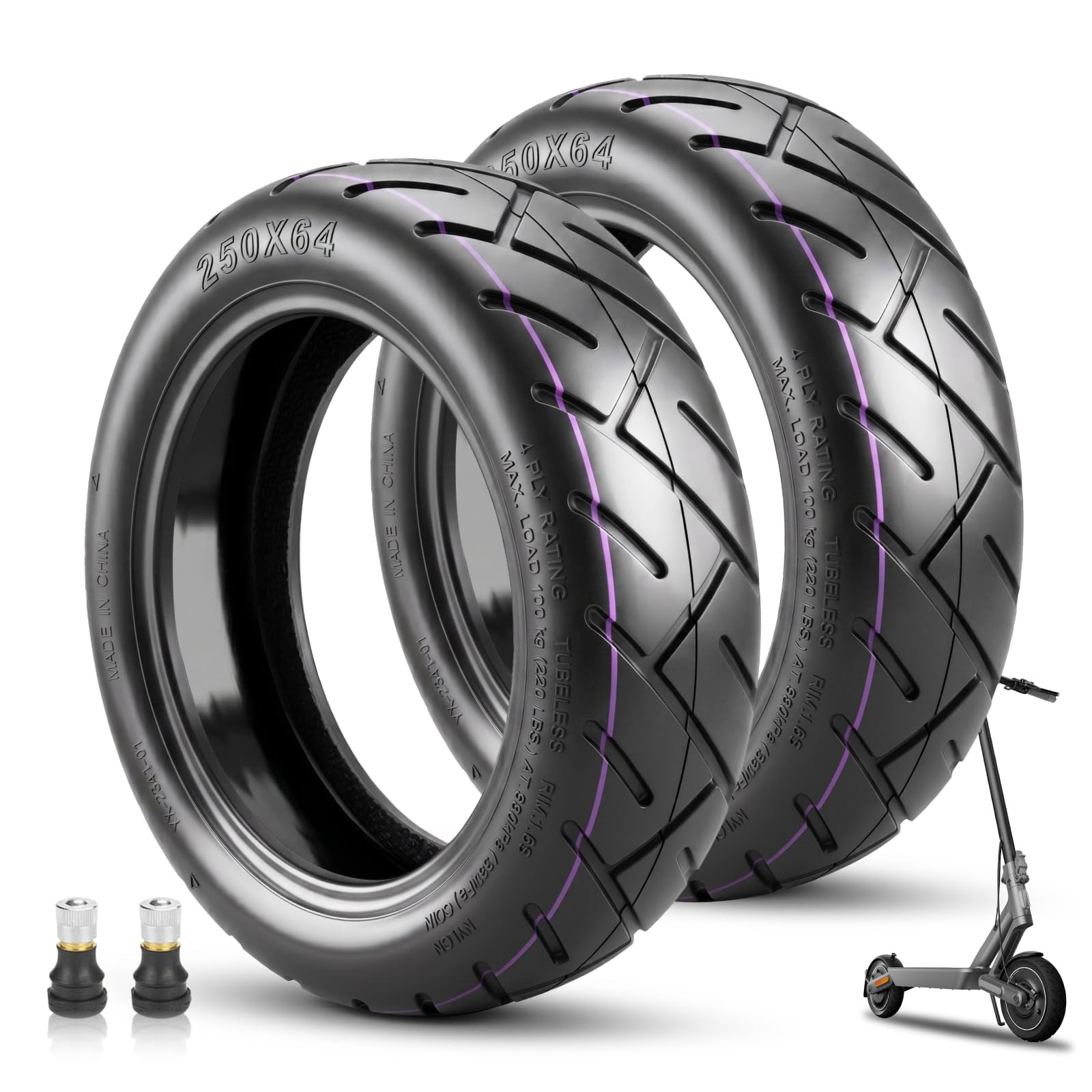 250 x 64 CST - Neumático auto-reparable para patinete eléctrico Xiaomi 4 Ultra - 10" - Neumático de repuesto con adhesivo Live - Aspirador sin cámara de aire delantera/trasera - Con boquilla