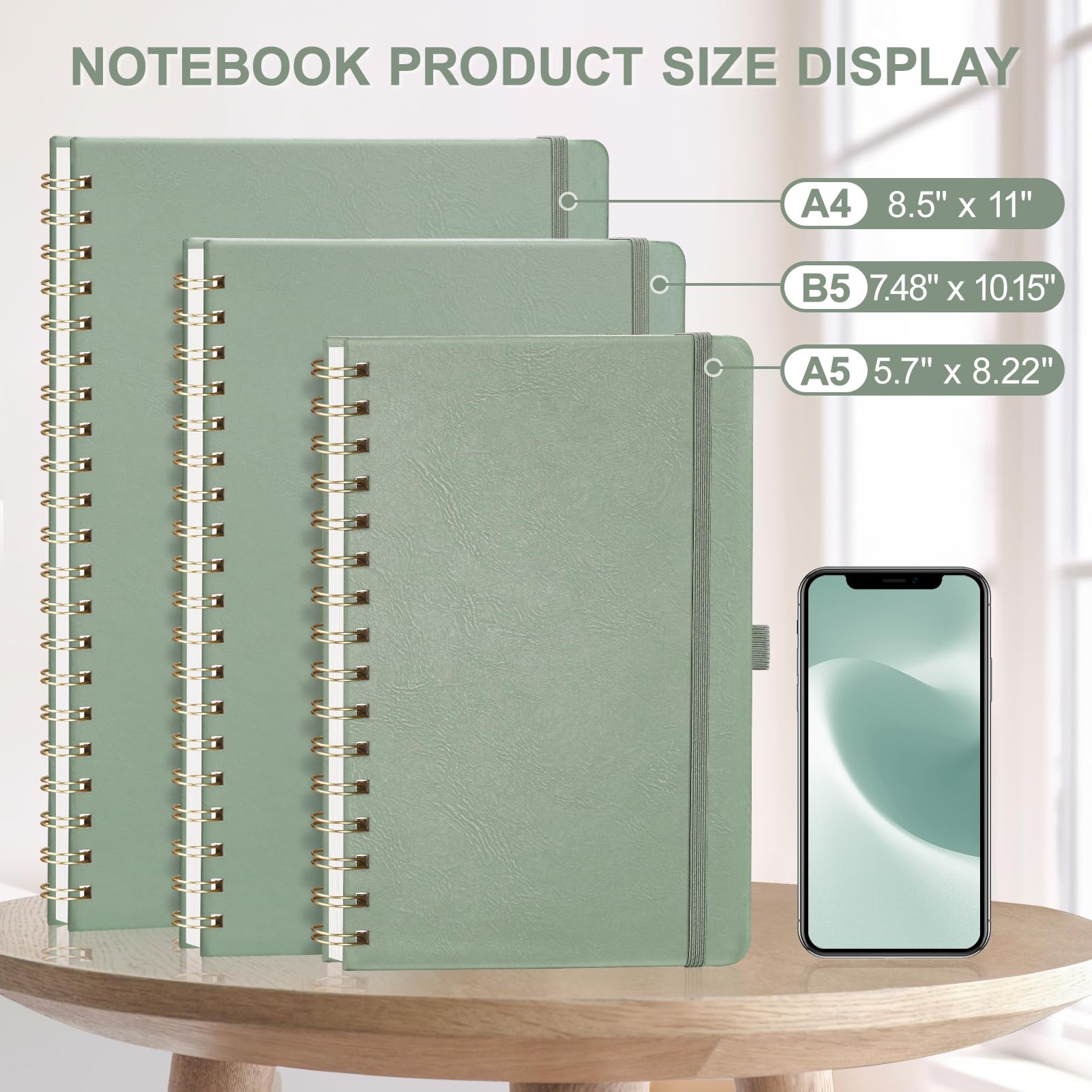 AHGXG Gepunktetes Tagebuch, 140 Seiten, A5 (14,5 x 21,1 cm) | Spiral Dotted Notizbuch, Leder-Hardcover, 100 g/m² dickes Punktrasterpapier, Innentasche, für Journaling (Salbeigrün)
