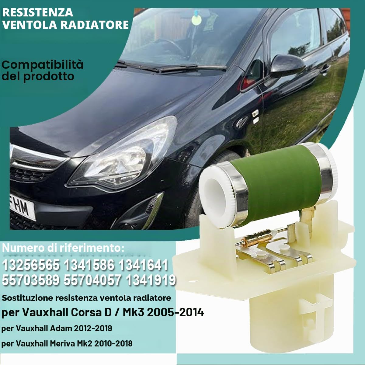 ZAMDOE 13256565 Resistenza Ventola di Raffreddamento radiatore Resistenza Motore soffiante riscaldatore per Vauxhall Corsa E dal 2015 al 2019 Nuovo per Vauxhall Adam Meriva 55703589 2 Pin con Nastro