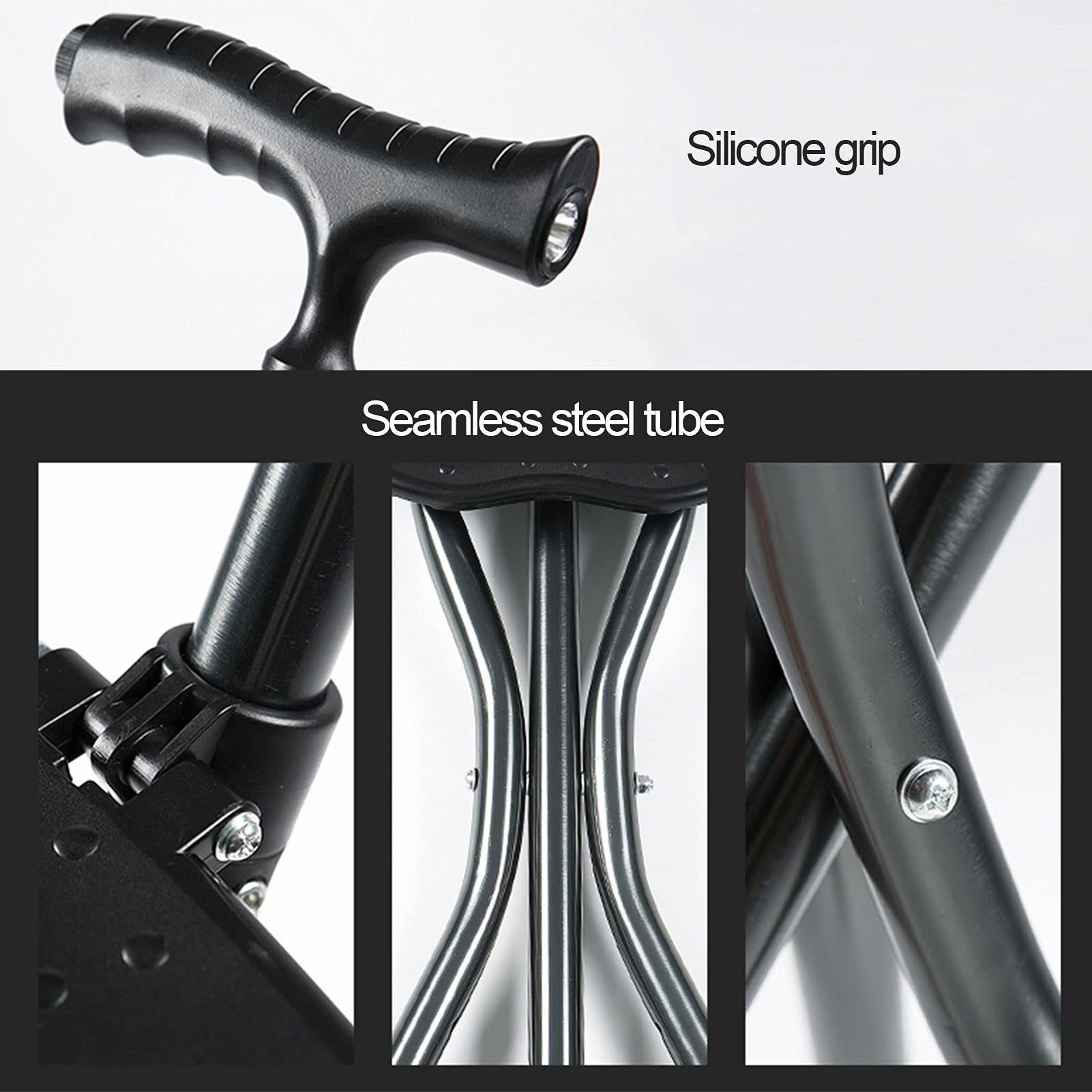 Trípode de aluminio caminando con asiento de silla, luces led ajustables para caminar bastón, bastones plegables para hombres / mujeres, asas cómodas y bastones de base antideslizante ( Color : Red )