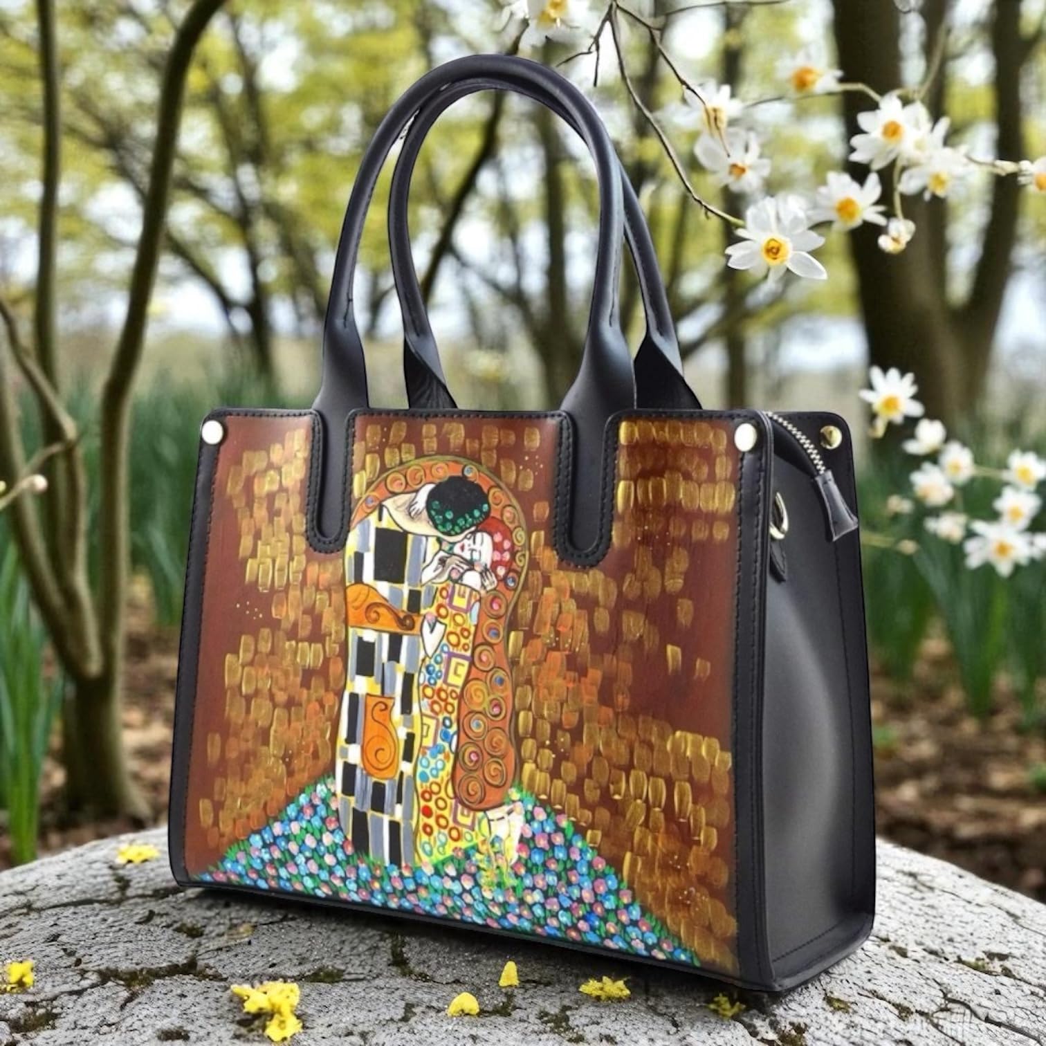Arte Lisanti Borsa in Pelle Dipinta a Mano – IL BACIO DI GUSTAV KLIMT – a Mano, a Tracolla, Borsa Donna, Idea Regalo, Artigianato Italiano, Made In Italy, Vera Pelle, Tote Bag