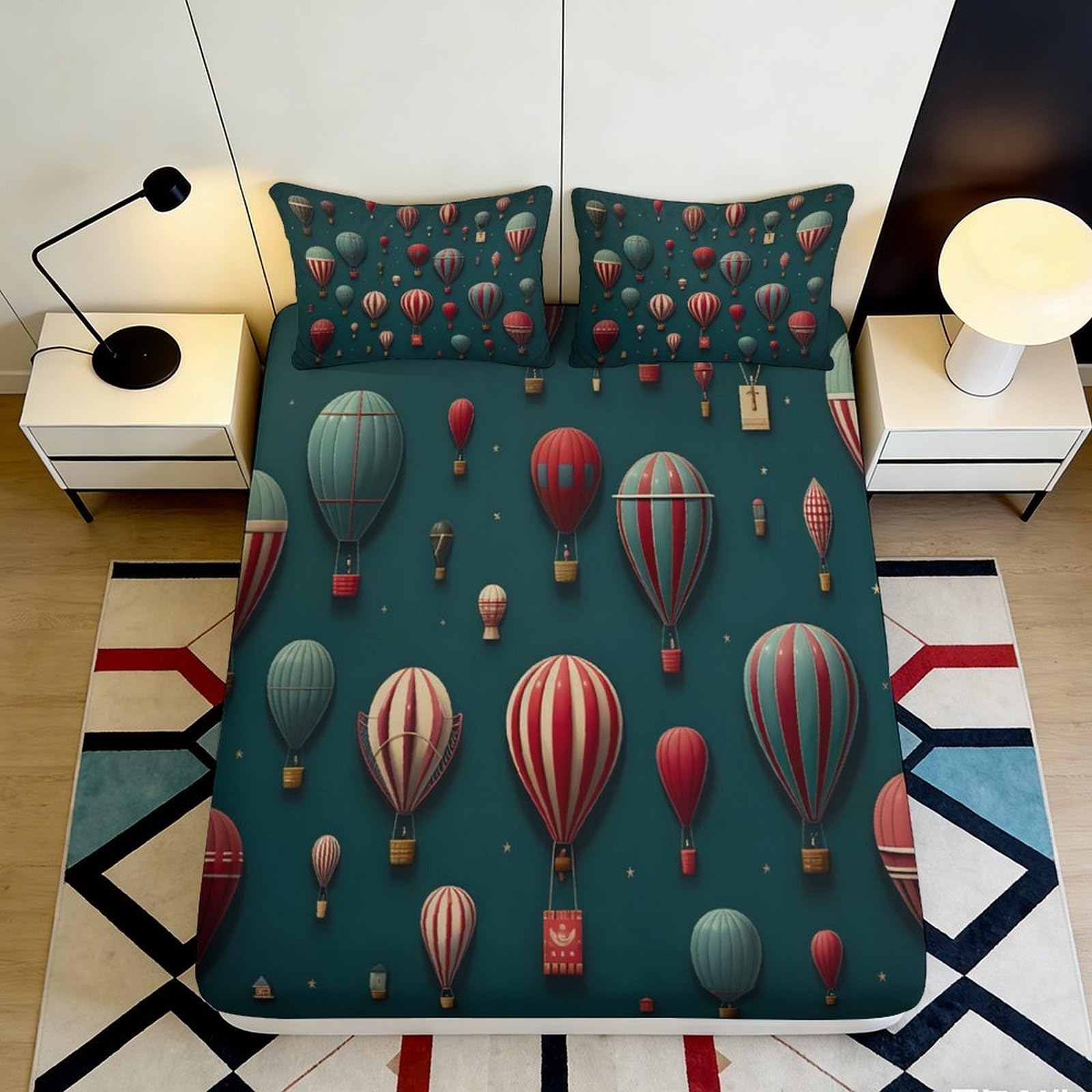 3D Printed Hot Air Balloon Fitted Sheet Microfiber Soft Decorative Bed Sheet for Bedroom Guest Room Easy Care 90x200x25cm