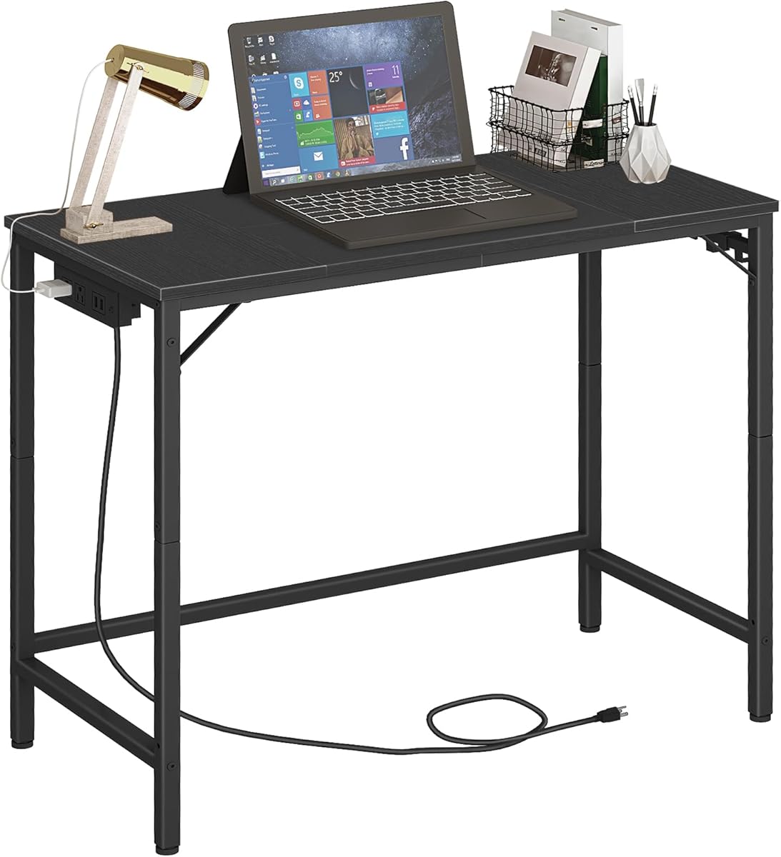 HOOBRO Computer Desk, Home Office Desk with Power Outlet, Modern Study Writing Desk with 3 Hooks for Study Room, Home Office, Sturdy and Stable, Easy to Assemble, Black BB40UDN01