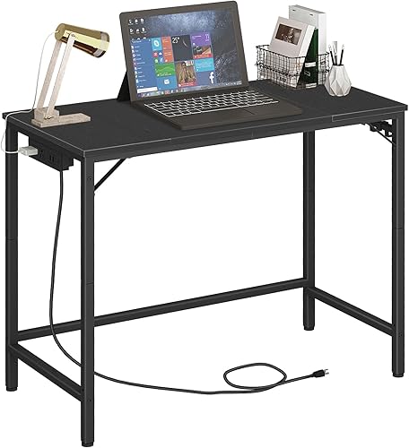 Miniatura 35 de HOOBRO Escritorio para computadora, escritorio de oficina en casa con toma de corriente, moderno escritorio de estudio con 3 ganchos para sala de