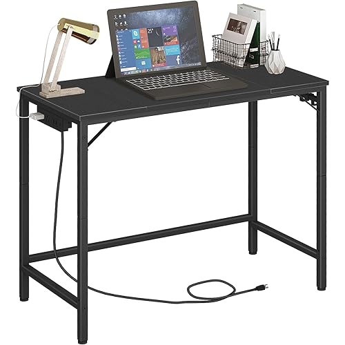 HOOBRO Computer Desk, Home Office Desk with Power Outlet, Modern Study Writing Desk with 3 Hooks for Study Room, Home Office, Sturdy and Stable, Easy to Assemble, Black BB40UDN01