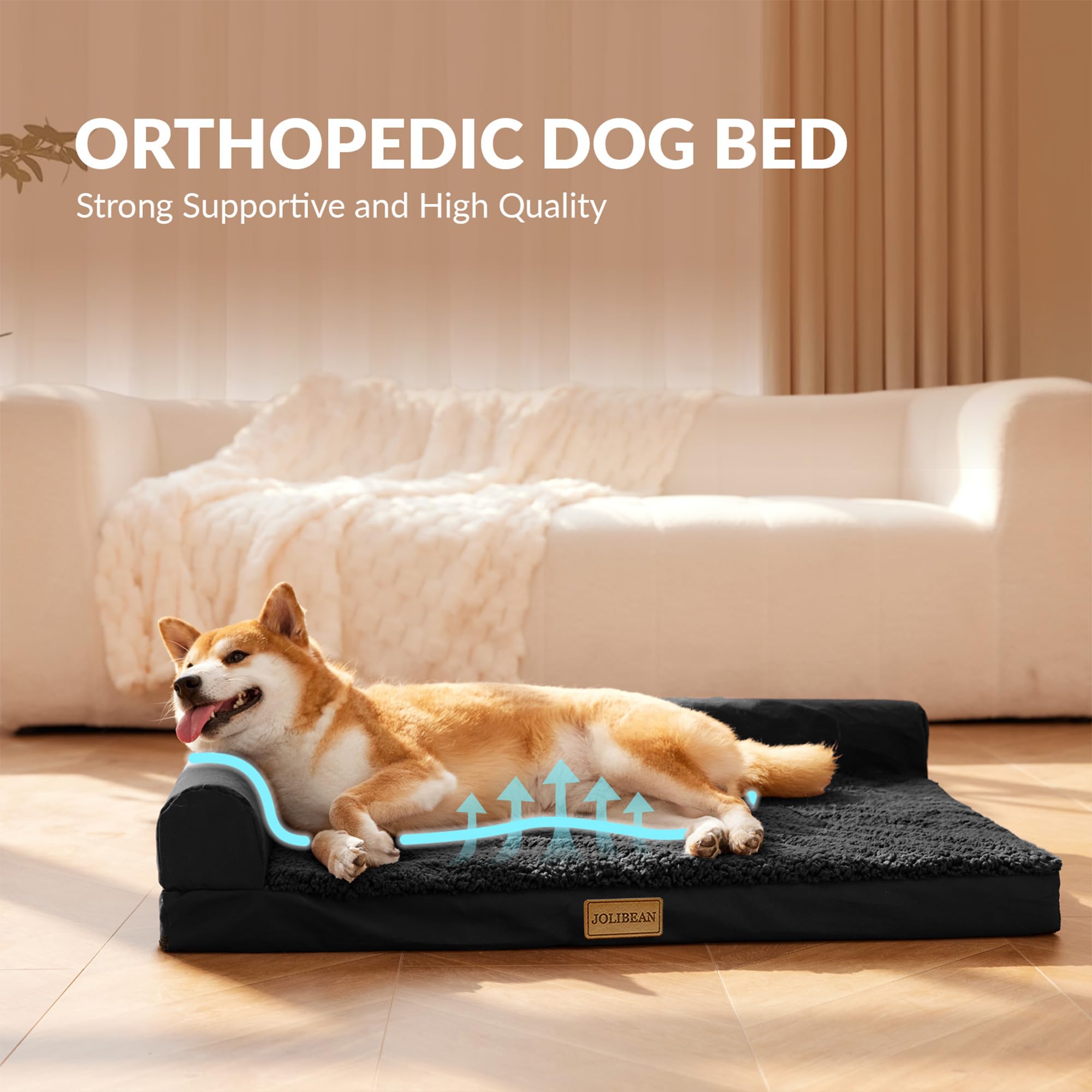 Panier Grande Taille Chien Orthopédique, Lit Matelas Chien en Forme L, Coussin Déhoussable Lavable en Machine, Tapis Matelas Moelleux, houssable Imperméable, Base antidérapante, 91x61cm, Noir