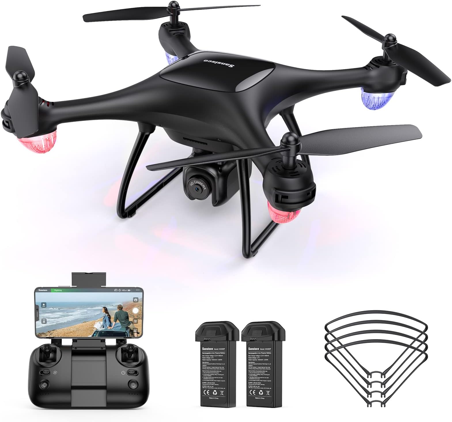 Drone with Camera for Adults, Sansisco 1080P Beginner Drone with 2 Batteries 40 Mins Flight Time, RC Quadcopter with One Key Fly, Altitude Hold, Headless Mode, FPV Camera Drone Easy Fly Christmas Gift