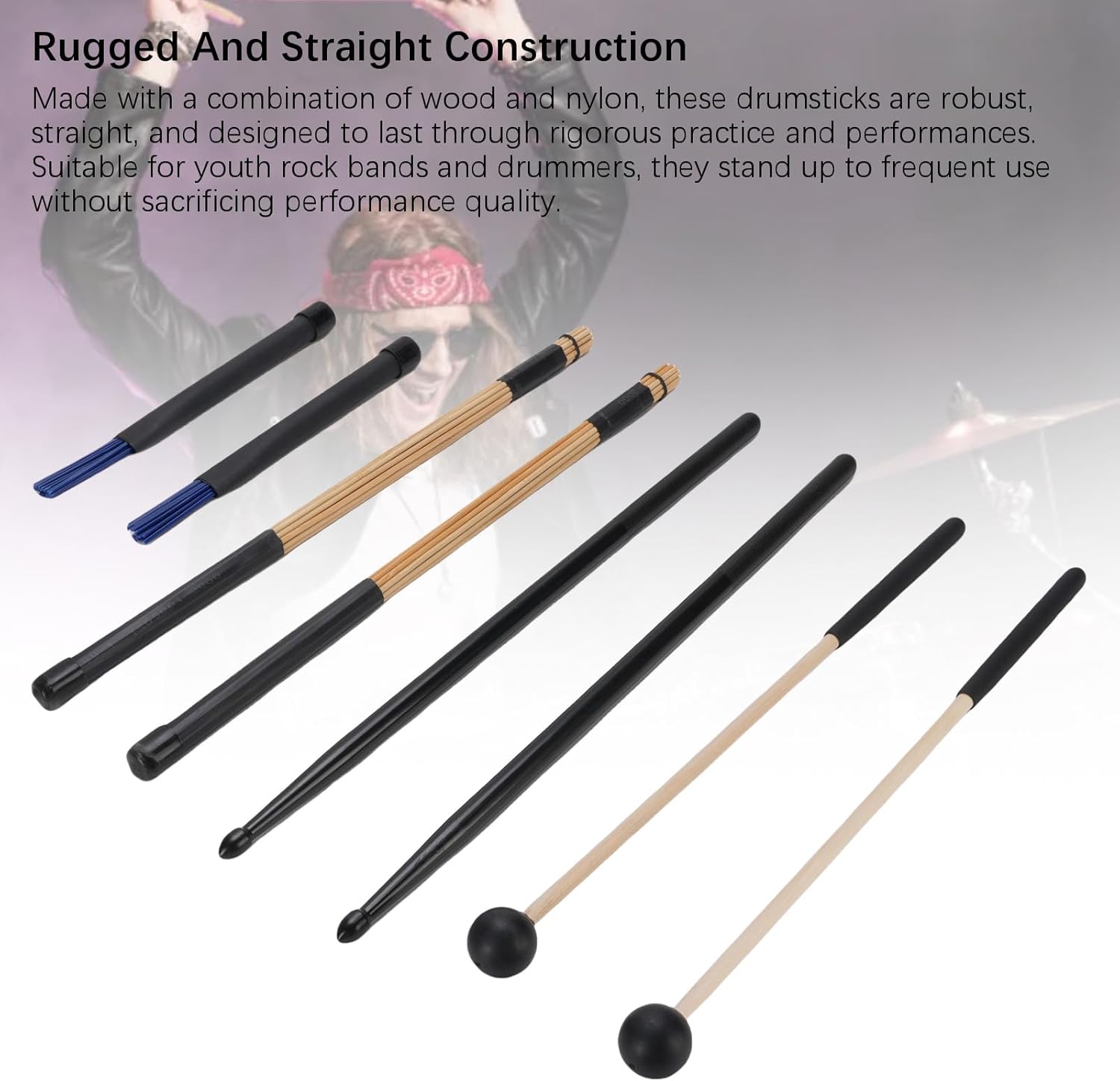 Drum Sticks Mallets Brushes Combo Set Drumstick Mallet and Drum Wire Brush with Rubber Handle Percussion Instrument Accessories for Drummers