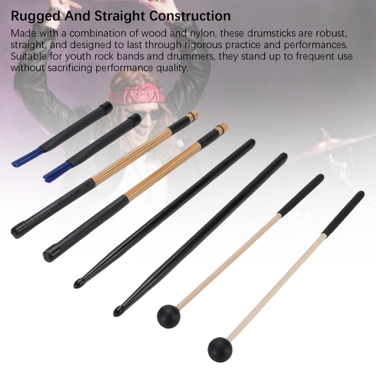 Kit de baguettes d'instruments à percussion avec poignées ergonomiques en caoutchouc pour groupes de rock/sessions en studio offrant une sensation équilibrée avec un