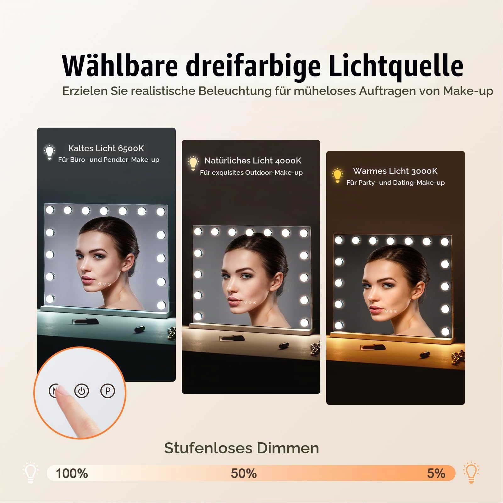 VEVOR Hollywood Schminkspiegel mit Beleuchtung, 15 dimmbare Glühbirnen & 3 Farbbeleuchtungsmodi, Kosmetikspiegel mit Abnehmbarer 5-facher Vergrößerung, USB-Anschluss, Smart-Touch-Steuerung, 580x458mm