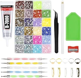 Poeey 12000PCs Rhinestones Flatback with 50ml Jewelry Glue Clear, 5 Dotting Pens, Wax Rhinestones Picker for Nail Art Craf...