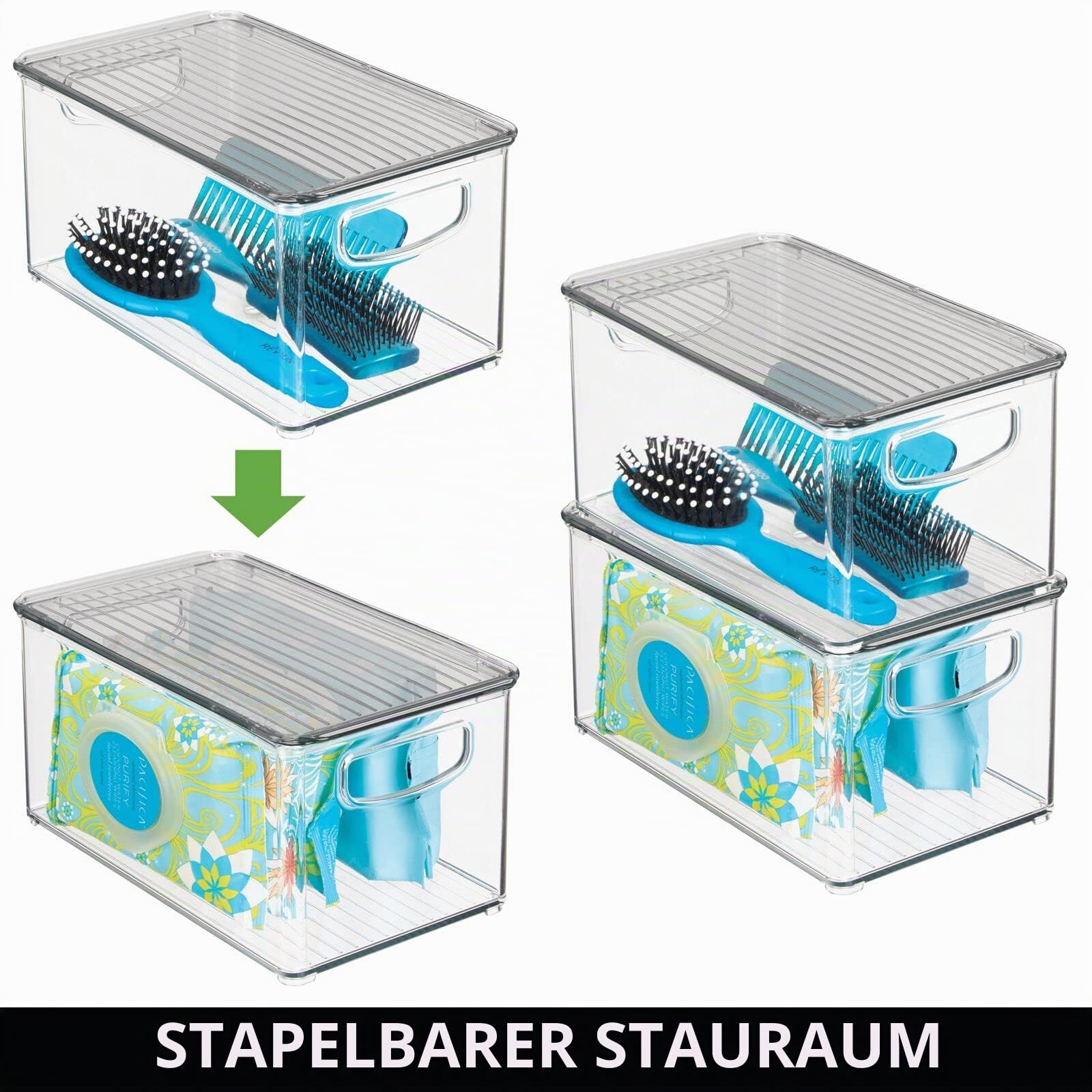 mDesign 4er-Set Ablagebox mit integrierten Griffen – transparente Aufbewahrungsbox mit Deckel – ideal zur Kosmetikaufbewahrung im Bad – durchsichtig/grau