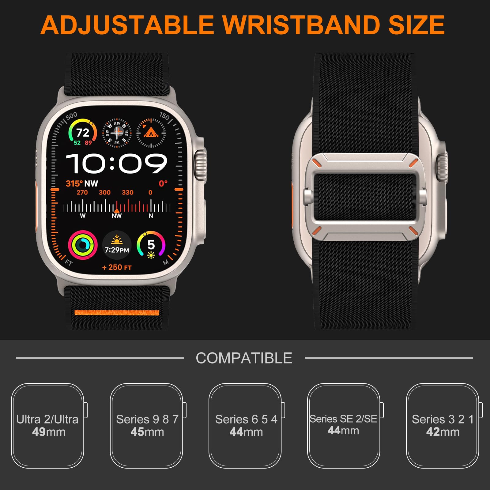 Yoohoo cinturino compatibile con cinturino Apple Watch Ultra/Ultra 2 per cinturino apple watch 44mm 45mm 46mm 49mm 42mm, nylon cinturino sportivo per iWatch Ultra SE serie 10 9 8 7 6 5 4 3 2 1, uomo