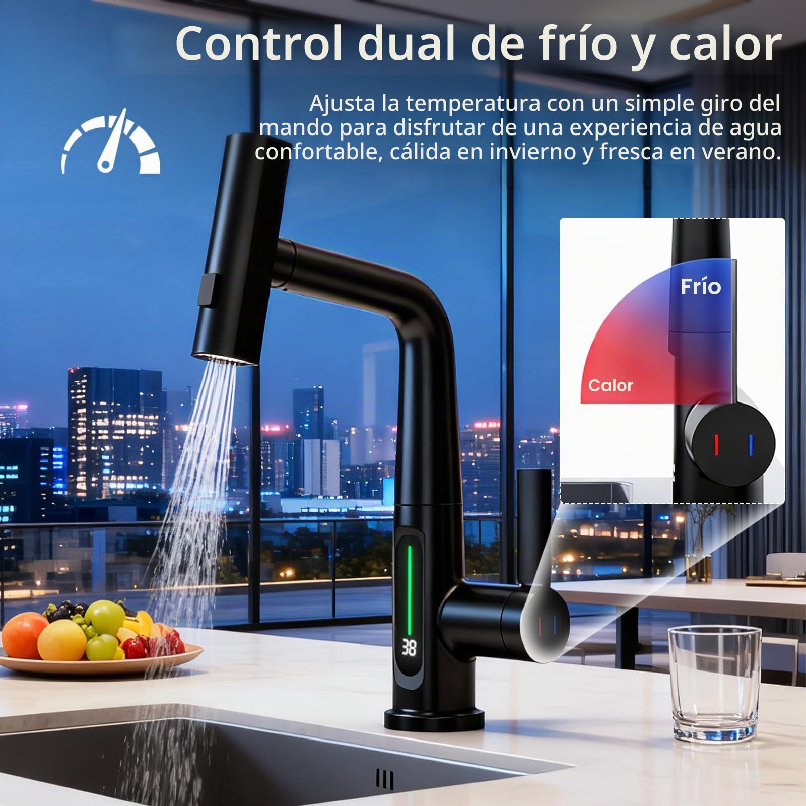 Grifo Cocina Extraible, Grifo de Baño con LED de Temperatura Grifos de Cocina Fregadero con 3 Modos de Flujo de Agua Orientable de 360° grifo de cascada de baño Negro Altura Ajustable