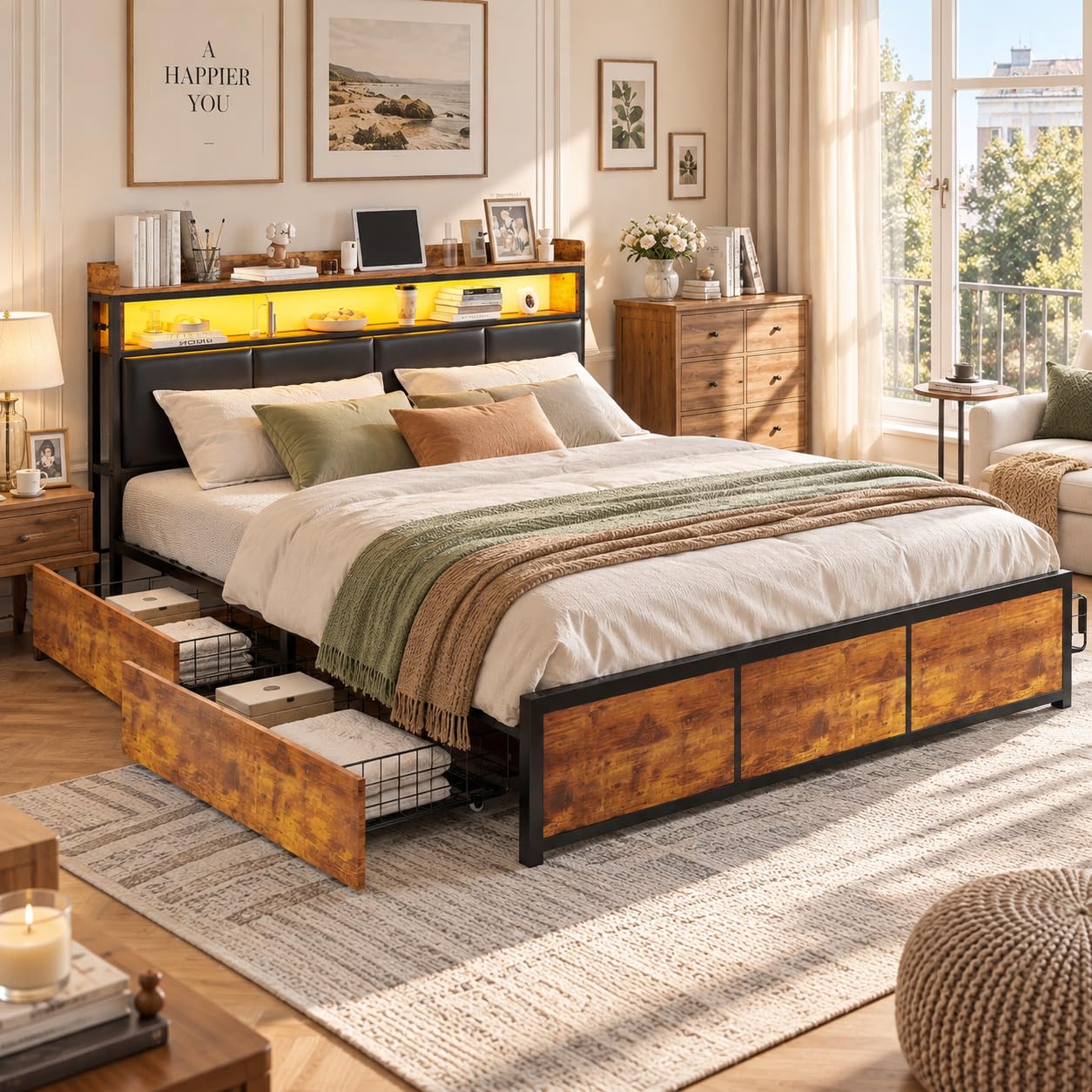 KeepGoon Letto matrimoniale 160 x 200 cm, cassetto con luce LED e letto notturno in poliuretano con telaio in ferro, testiera con spazio di archiviazione, letto per riporre oggetti, colore nero opaco