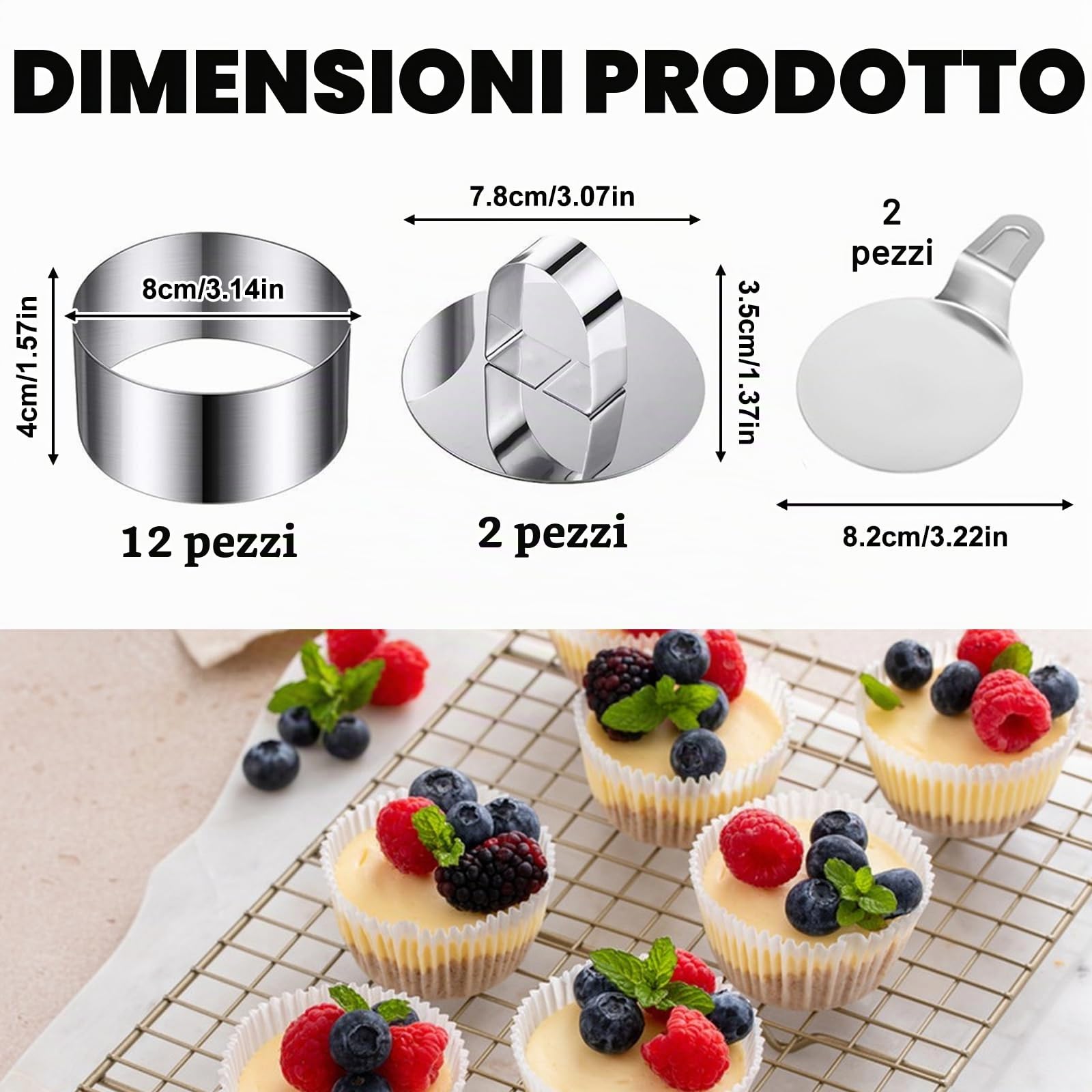 12 Pezzi Coppapasta Tondi Acciaio Inox 8cm con Coperchio e Base Coppa Pasta Tondo Anello per Torte per Dessert Pasticceria Glassa Biscotti Panini Torte Mousse