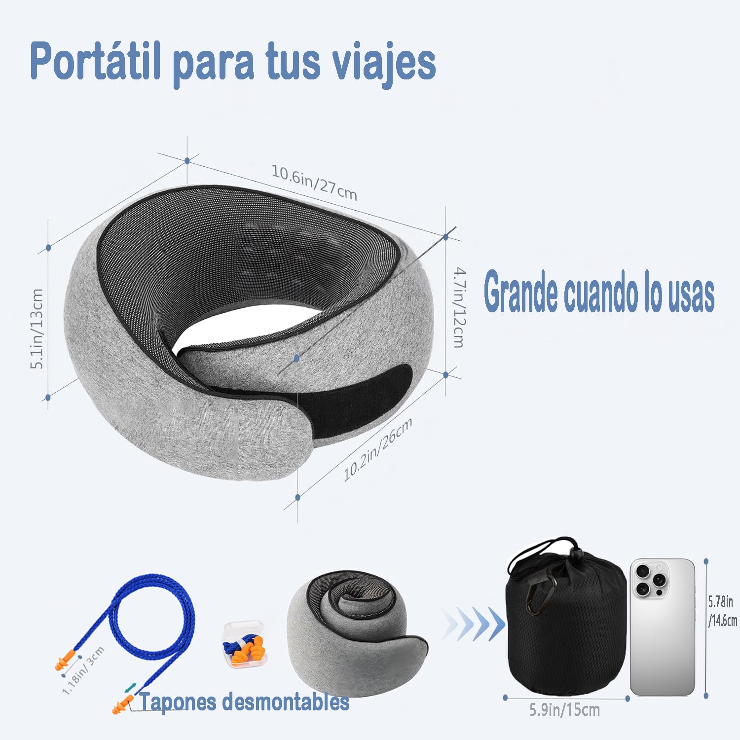Almohada de Viaje, Almohada de Cuello para avión con Capucha, Soporte de Espuma viscoelástica de 360°, Funda Lavable para Coches, Tren y Oficina (Gris)