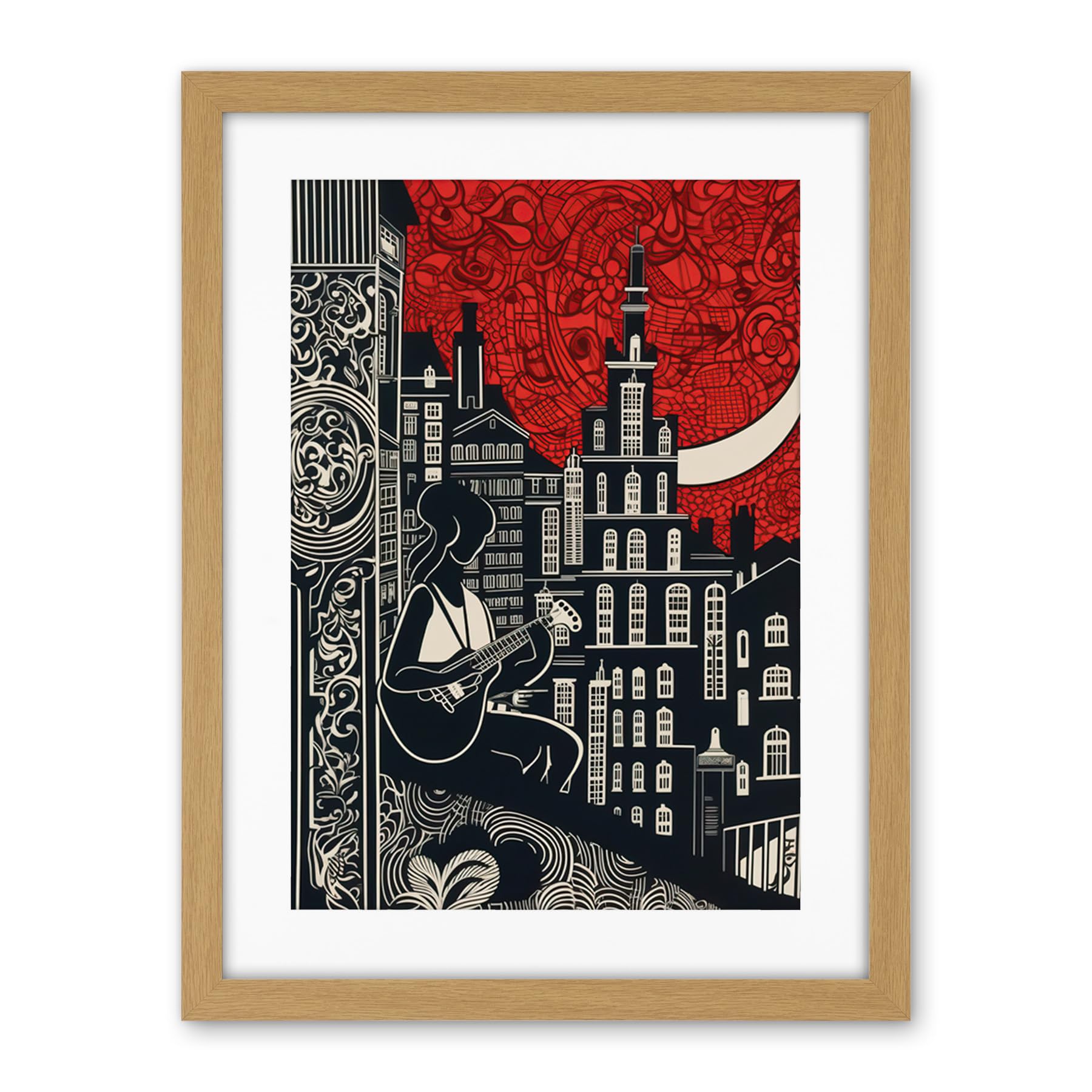 Artery8 Street Musician Guitarist in Edinburgh Cityscape Artwork Framed Wall Art Print 18X24 Inch