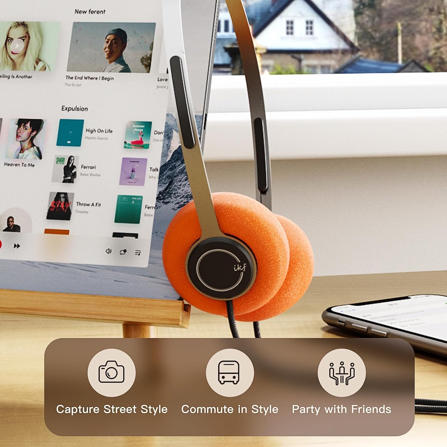 Headphones connected to a tablet