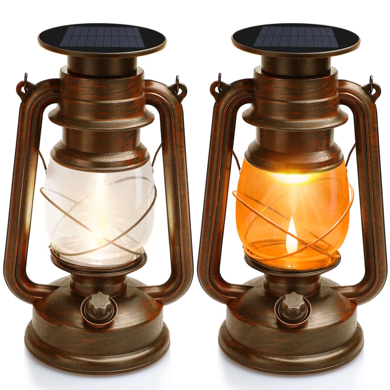 Solar Lantern Vintage LED Storm Lantern Dancing Flickering Flame Two Modes Solar Powered Lights Waterproof Hanging Outdoor Garden or Room Ornaments Auto On Off for Camping Yard Patio Porch 2 Pack [Energy Class A+++]