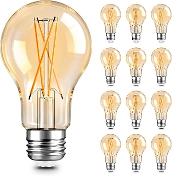 TJOY A19 LED Edison Light Bulb, E26 Dimmable Bulb, 60W Equivalent, 12 Pack | Vintage Amber White Bulb 2200K, 8W 800LM High Brightness, E26 Base, A19, 80+ CRI, Amber Glass Filament Bulb for Living Room
