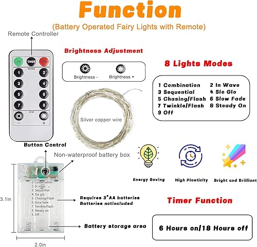 Miniatura 3 de Paquete de 3 luces parpadeantes que funcionan con pilas, cada una de 20 pies de 60 luces LED impermeables para exteriores, luces de hadas de alambre