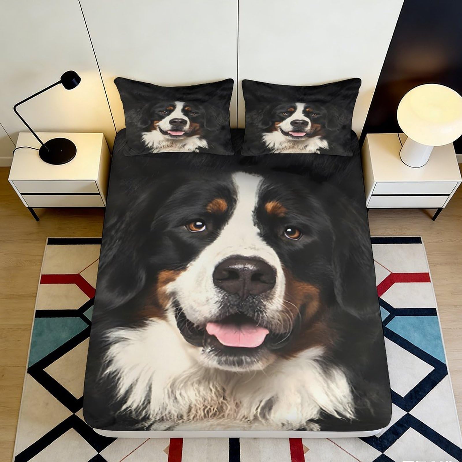3D Printed Bernese Mountain Dog Fitted Sheet Microfiber Black White Dog Face Bed Cover for Bedroom Guestroom Decor 90x200x25cm